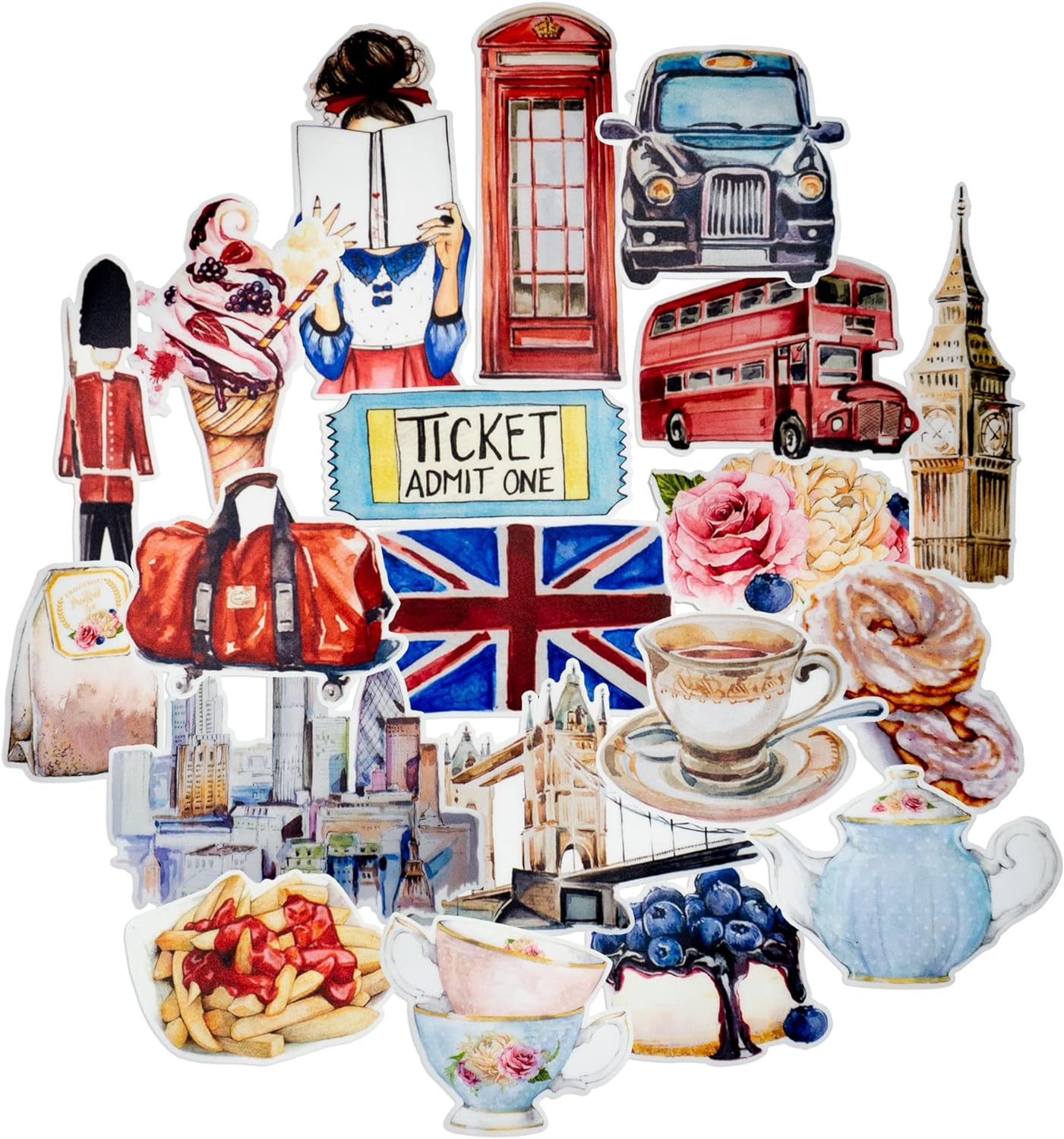 Navy Peony Eccentric England Travel Stickers (20 Pack) - Cute, Waterproof, Durable | Aesthetic Adventure Decals for Water Bottles, Laptops, Scrapbook