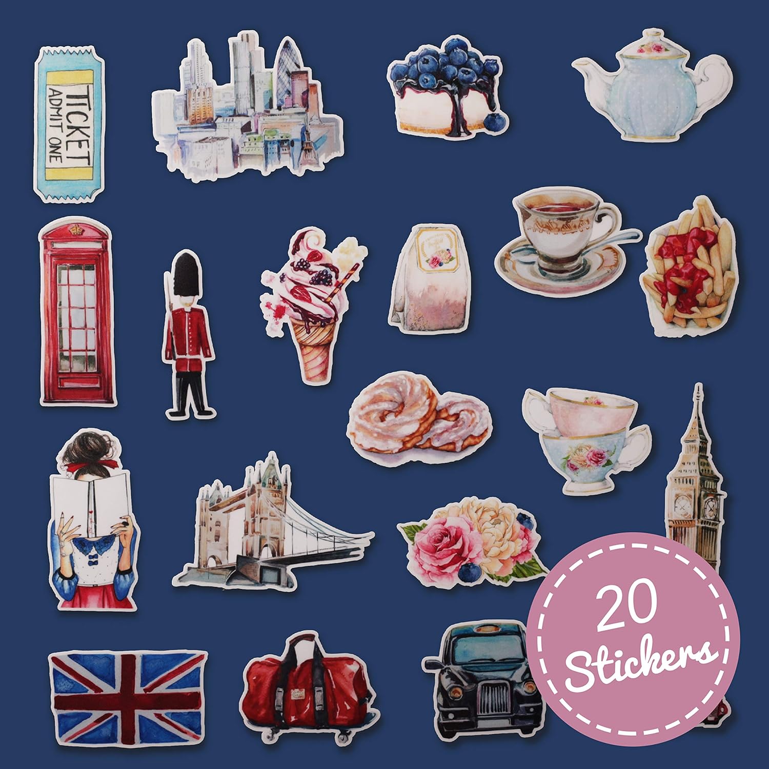 Navy Peony Eccentric England Travel Stickers (20 Pack) - Cute, Waterproof, Durable | Aesthetic Adventure Decals for Water Bottles, Laptops, Scrapbook