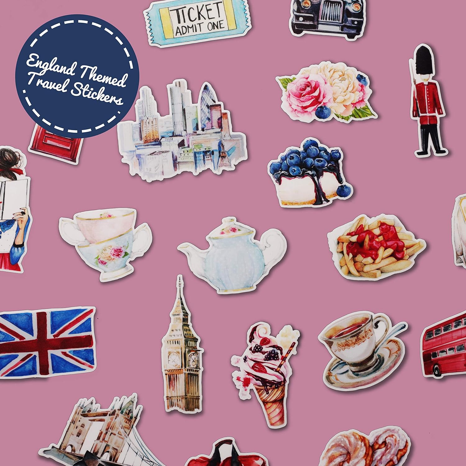 Navy Peony Eccentric England Travel Stickers (20 Pack) - Cute, Waterproof, Durable | Aesthetic Adventure Decals for Water Bottles, Laptops, Scrapbook