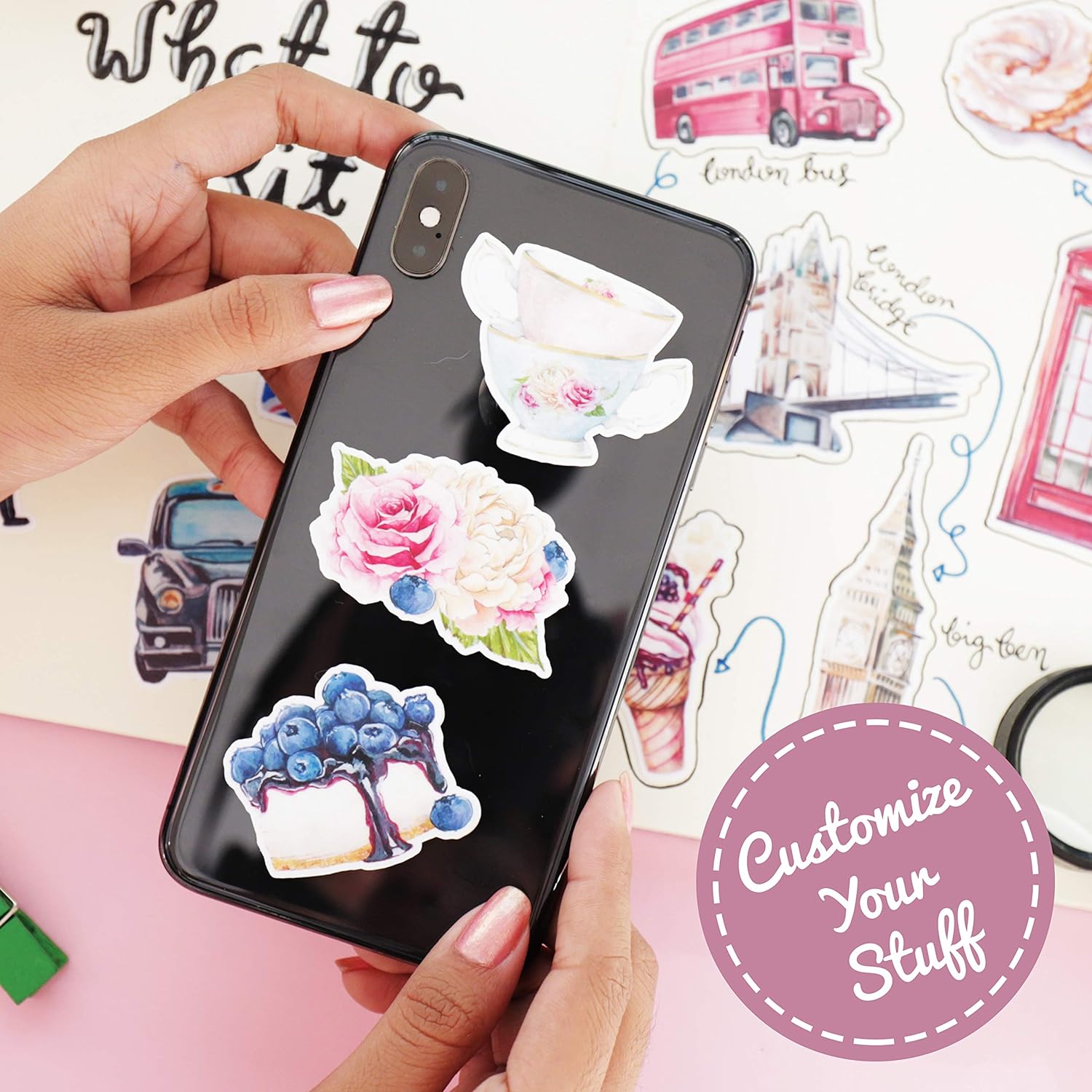 Navy Peony Eccentric England Travel Stickers (20 Pack) - Cute, Waterproof, Durable | Aesthetic Adventure Decals for Water Bottles, Laptops, Scrapbook