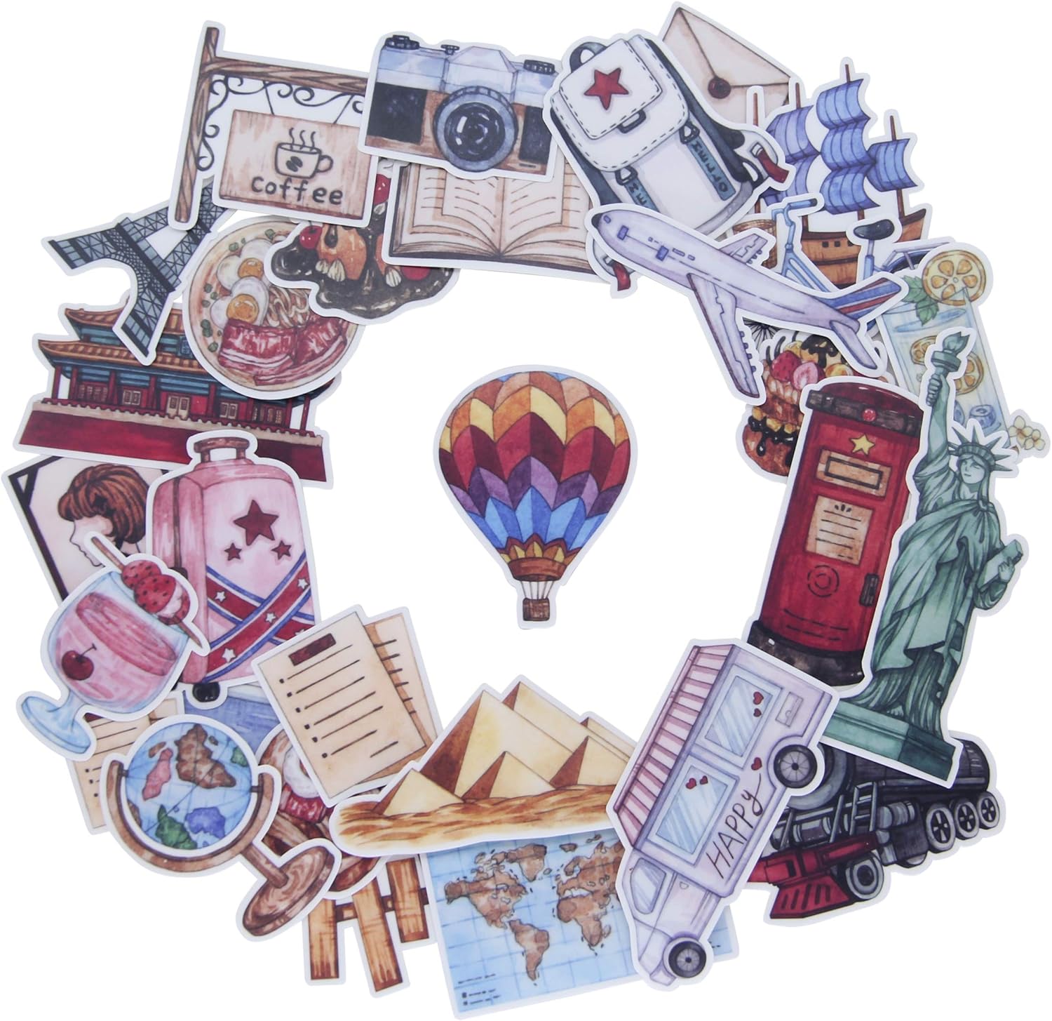 Waterproof Vintage Travel Sticker Pack (30pcs) Retro Travelling Tourism Stickers for Laptop Pad Computer Vacuum Flask Planner Post Card Letter Art Projects Crafts Diary Journaling Decals