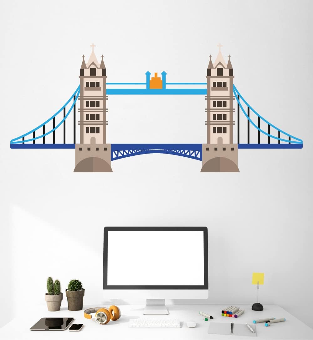 London's Famous Tower Bridge 20" x 45" Removable Vinyl Home Wall Sticker Decoration Cartoon Style Art Design Adhesive Tourist Landmark Bedroom Living Room Wall Decal