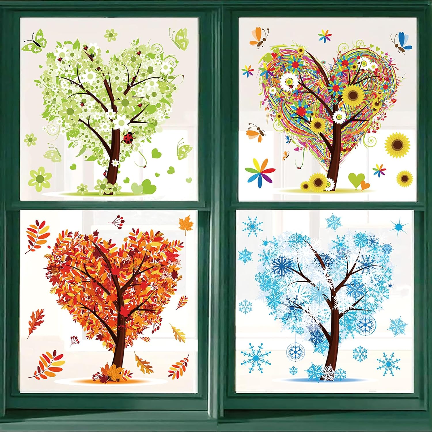 Spring Summer Autumn Winter Seasonal Heart Tree Window Clings 4 Seasons of Life Window Stickers Double-Side Glass Decals for Home Office School Decor, 9.8 x 13.8 Inch, 4Pcs