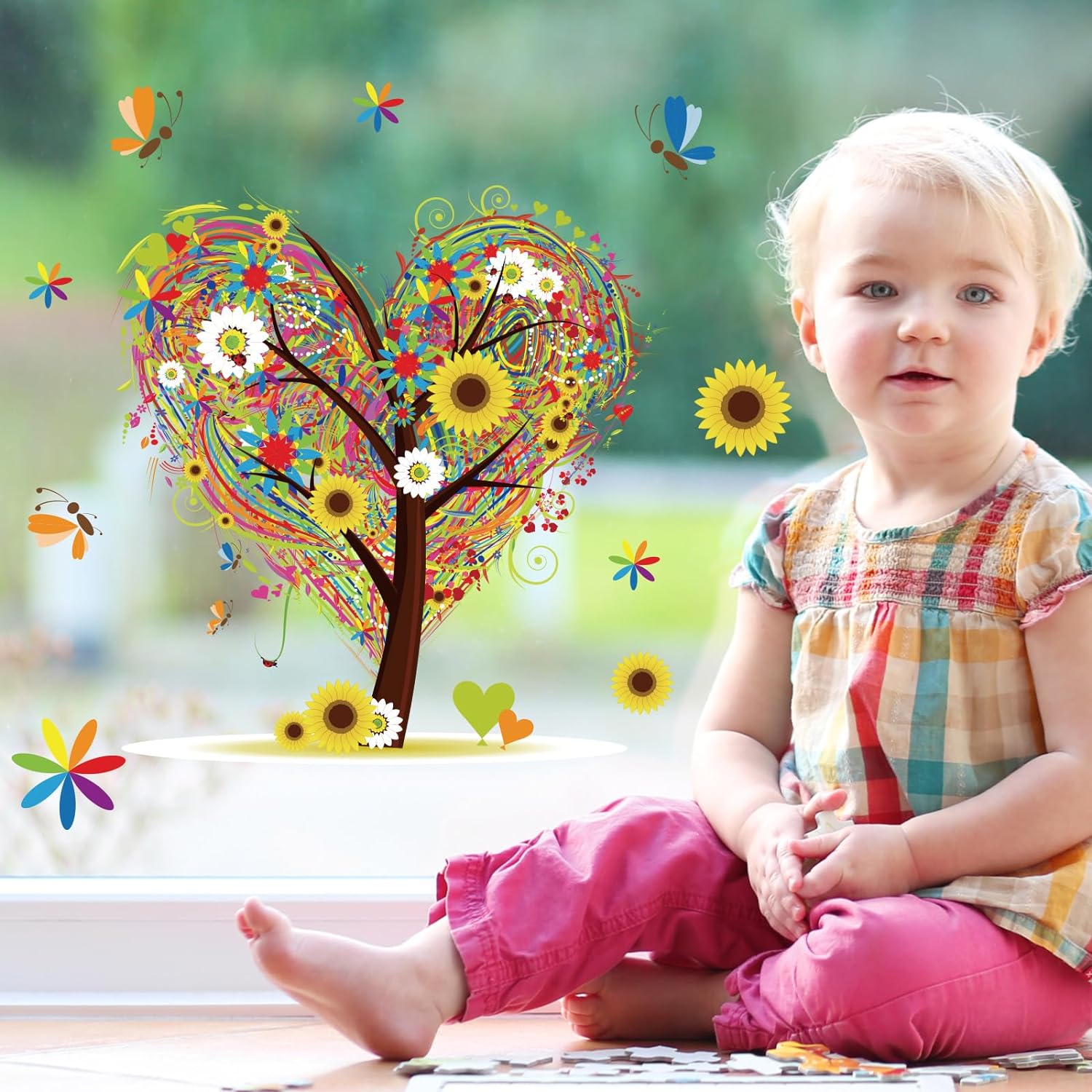 Spring Summer Autumn Winter Seasonal Heart Tree Window Clings 4 Seasons of Life Window Stickers Double-Side Glass Decals for Home Office School Decor, 9.8 x 13.8 Inch, 4Pcs