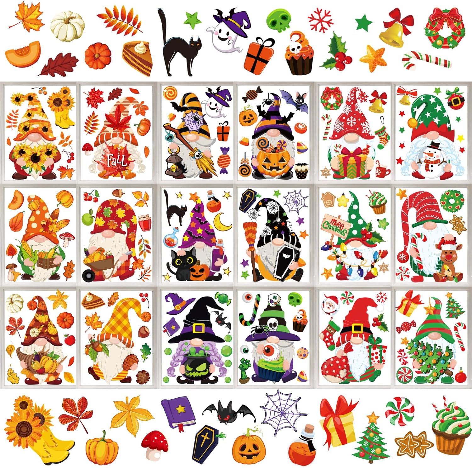 Christmas Halloween Fall Gnome Window Clings Colorful Cute Gnomes Pumpkins Bat Xmas Tree Window Decals Double-Sided Window Stickers for Autumn Thanksgiving Home Classroom Decor