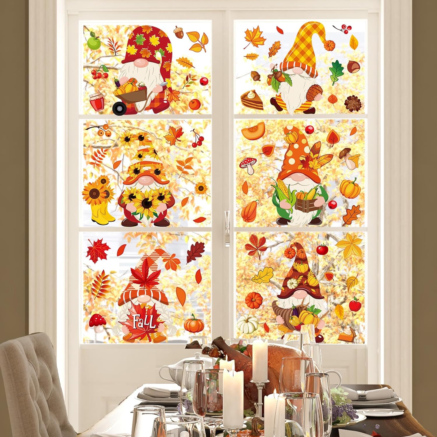 Christmas Halloween Fall Gnome Window Clings Colorful Cute Gnomes Pumpkins Bat Xmas Tree Window Decals Double-Sided Window Stickers for Autumn Thanksgiving Home Classroom Decor