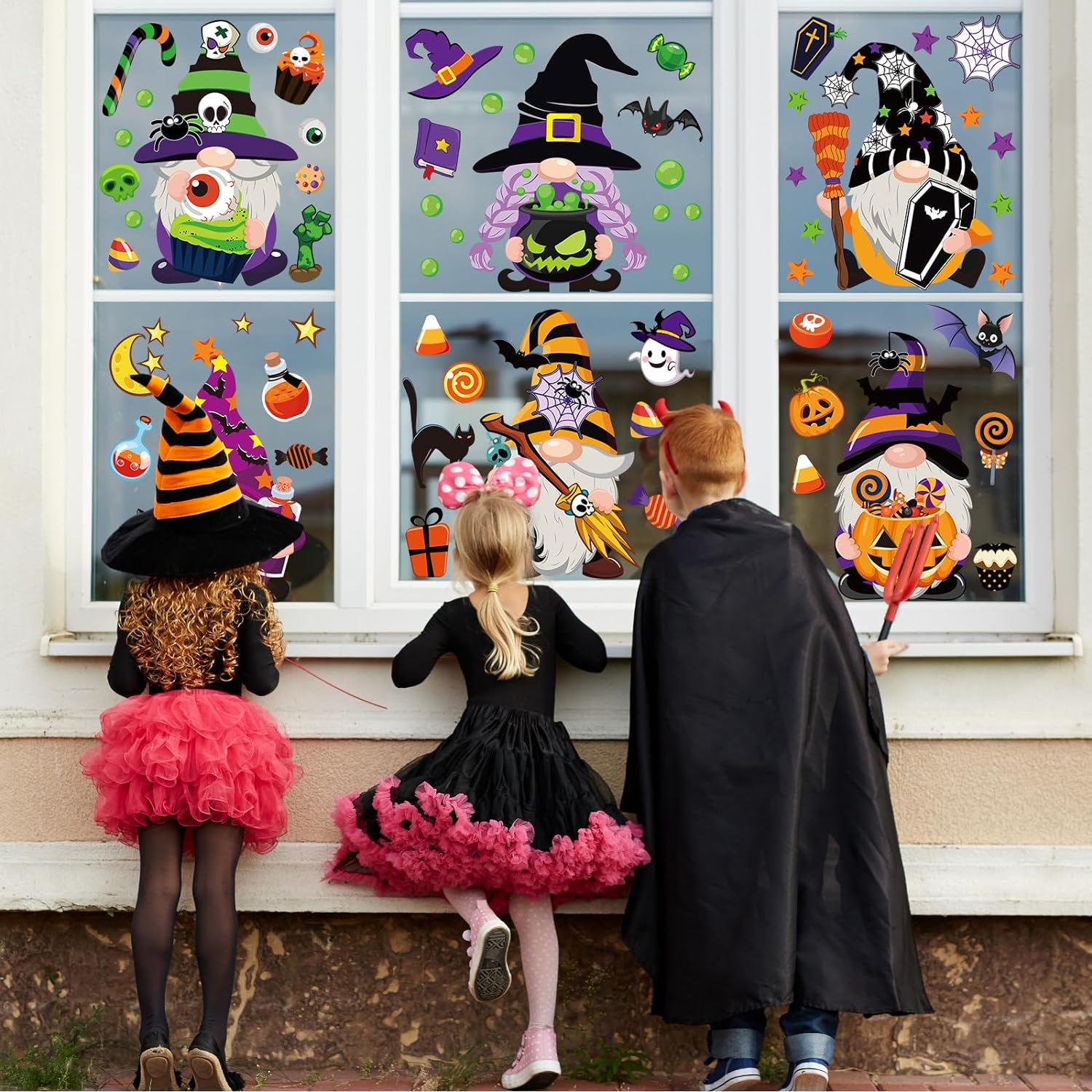 Christmas Halloween Fall Gnome Window Clings Colorful Cute Gnomes Pumpkins Bat Xmas Tree Window Decals Double-Sided Window Stickers for Autumn Thanksgiving Home Classroom Decor