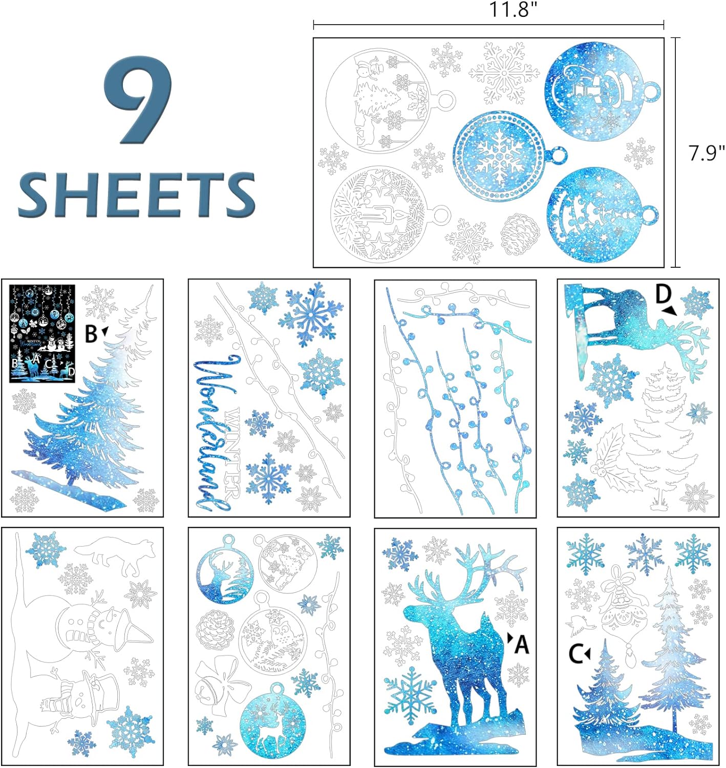 Mfault Christmas Snowflake Winter Wonderland Window Clings 9 Sheets, Xmas Tree Reindeer Snowman Decal Stickers Bedroom Decorations, Elk Snowball Holiday Home Kitchen Living Room Decor
