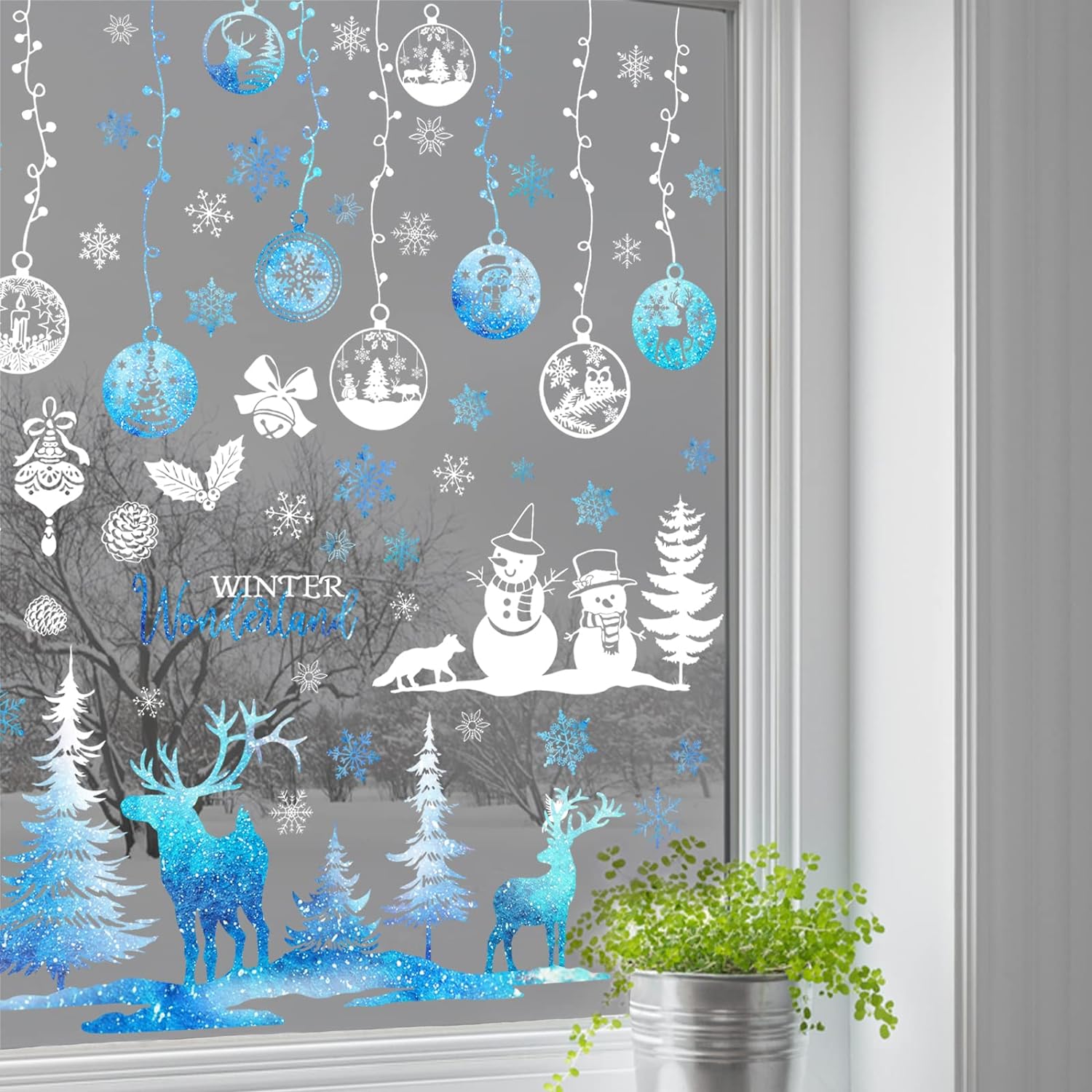 Mfault Christmas Snowflake Winter Wonderland Window Clings 9 Sheets, Xmas Tree Reindeer Snowman Decal Stickers Bedroom Decorations, Elk Snowball Holiday Home Kitchen Living Room Decor