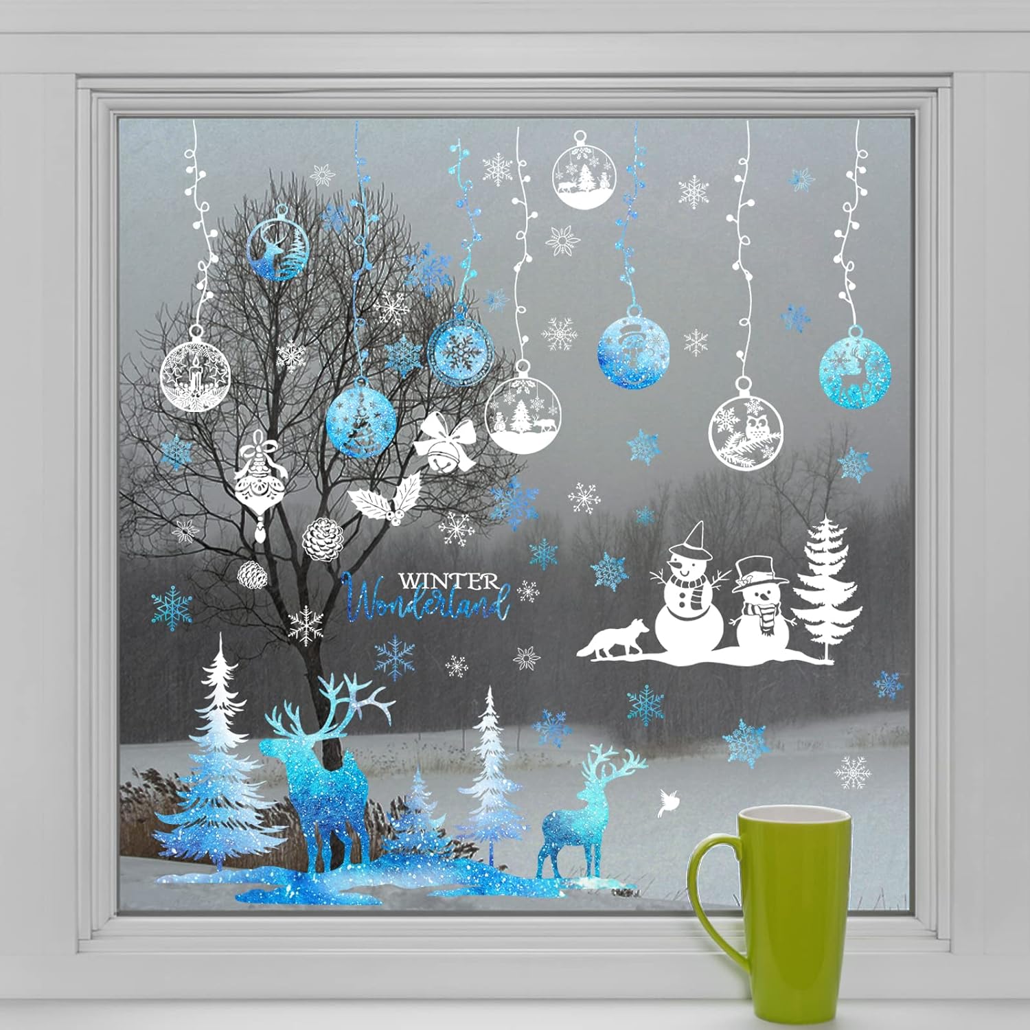 Mfault Christmas Snowflake Winter Wonderland Window Clings 9 Sheets, Xmas Tree Reindeer Snowman Decal Stickers Bedroom Decorations, Elk Snowball Holiday Home Kitchen Living Room Decor