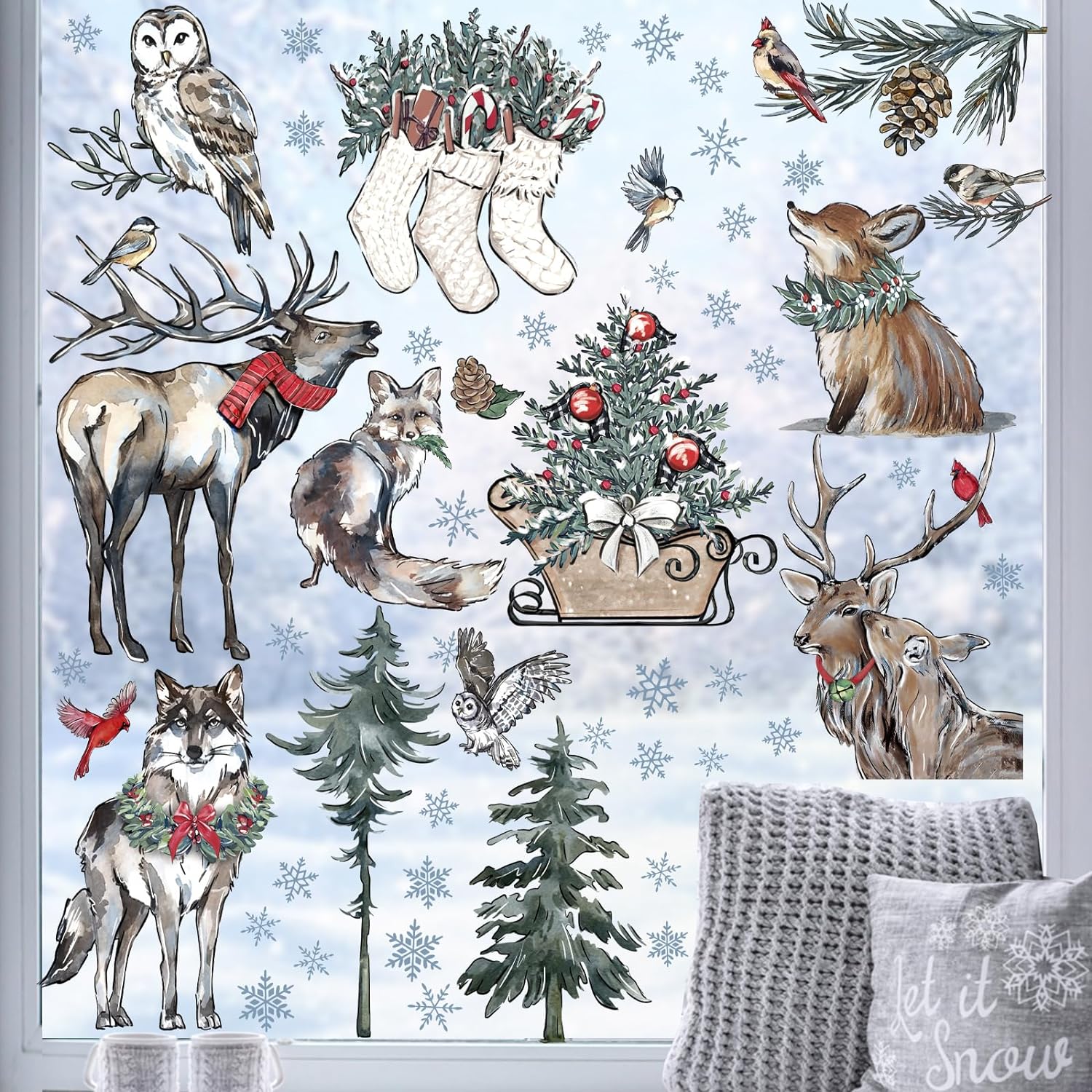 Mfault 158 PCS Winter Forest Woodland Animals Window Clings 9 Sheets, Christmas Pine Trees Deer Elk Fox Owl Wolf Wall Stickers Decal Decorations, Xmas Stocking Holiday Living Room Home Kitchen Decor