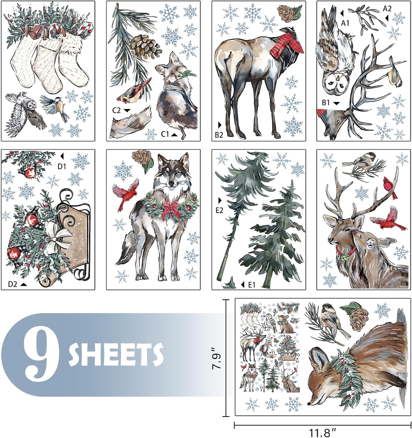 Mfault 158 PCS Winter Forest Woodland Animals Window Clings 9 Sheets, Christmas Pine Trees Deer Elk Fox Owl Wolf Wall Stickers Decal Decorations, Xmas Stocking Holiday Living Room Home Kitchen Decor