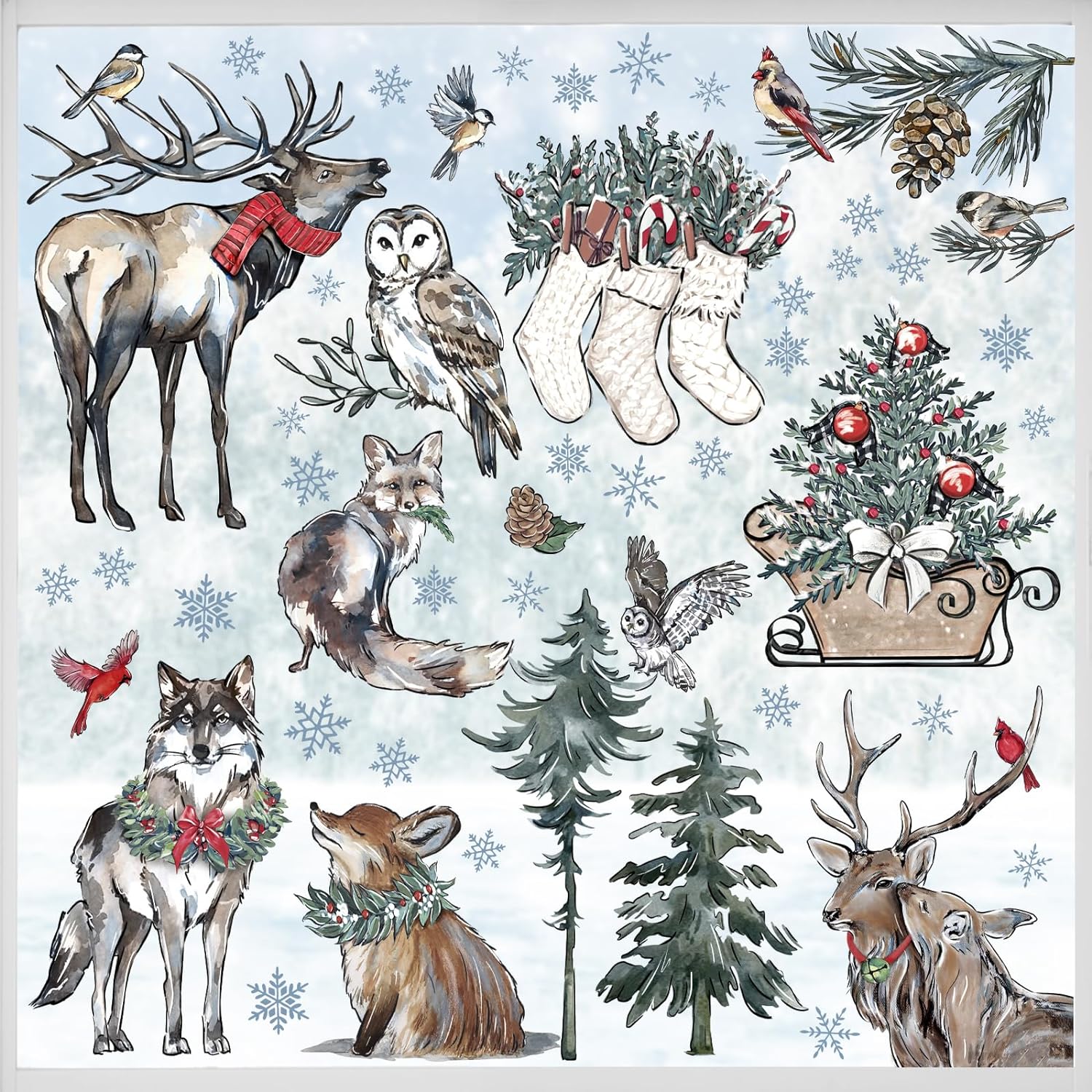Mfault 158 PCS Winter Forest Woodland Animals Window Clings 9 Sheets, Christmas Pine Trees Deer Elk Fox Owl Wolf Wall Stickers Decal Decorations, Xmas Stocking Holiday Living Room Home Kitchen Decor