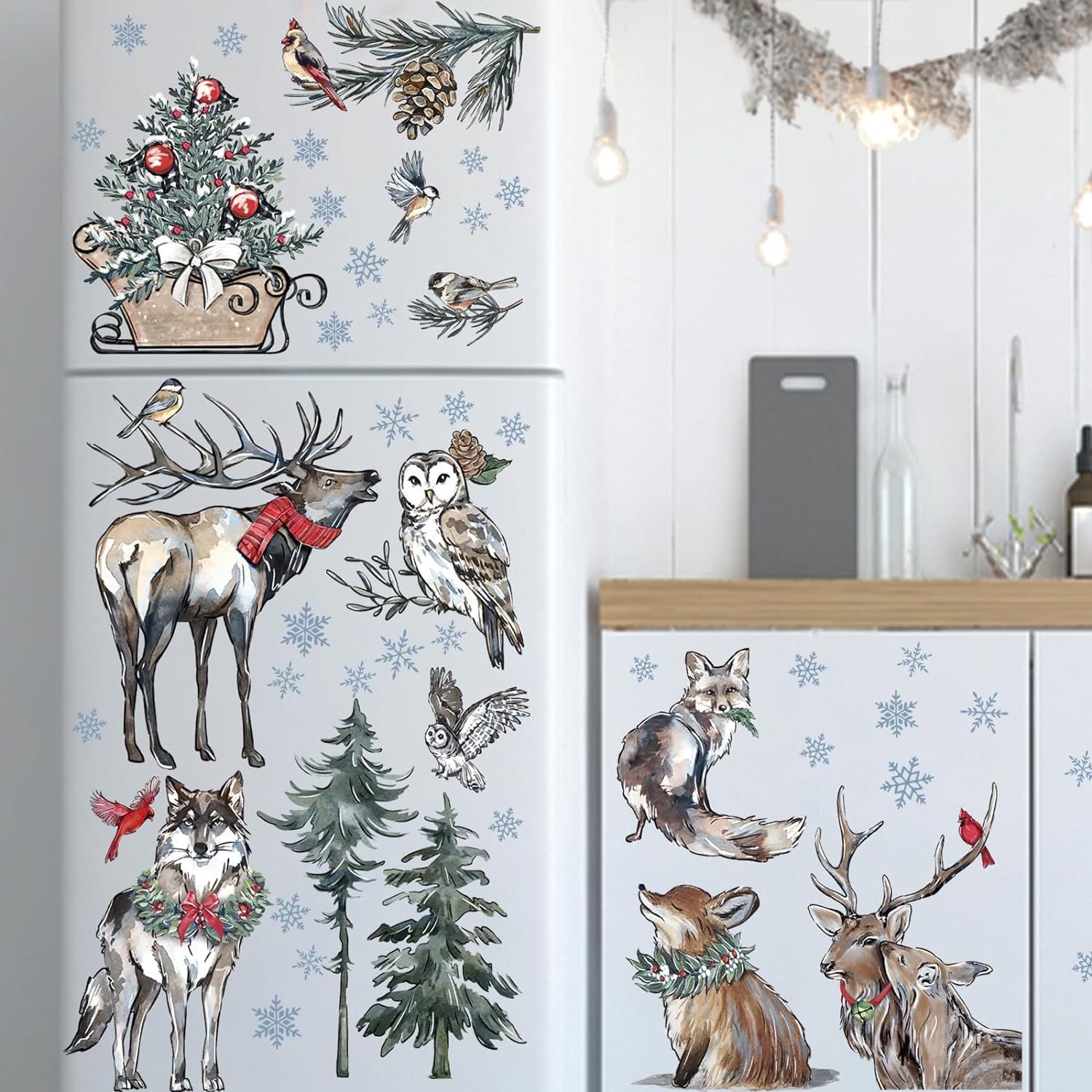 Mfault 158 PCS Winter Forest Woodland Animals Window Clings 9 Sheets, Christmas Pine Trees Deer Elk Fox Owl Wolf Wall Stickers Decal Decorations, Xmas Stocking Holiday Living Room Home Kitchen Decor