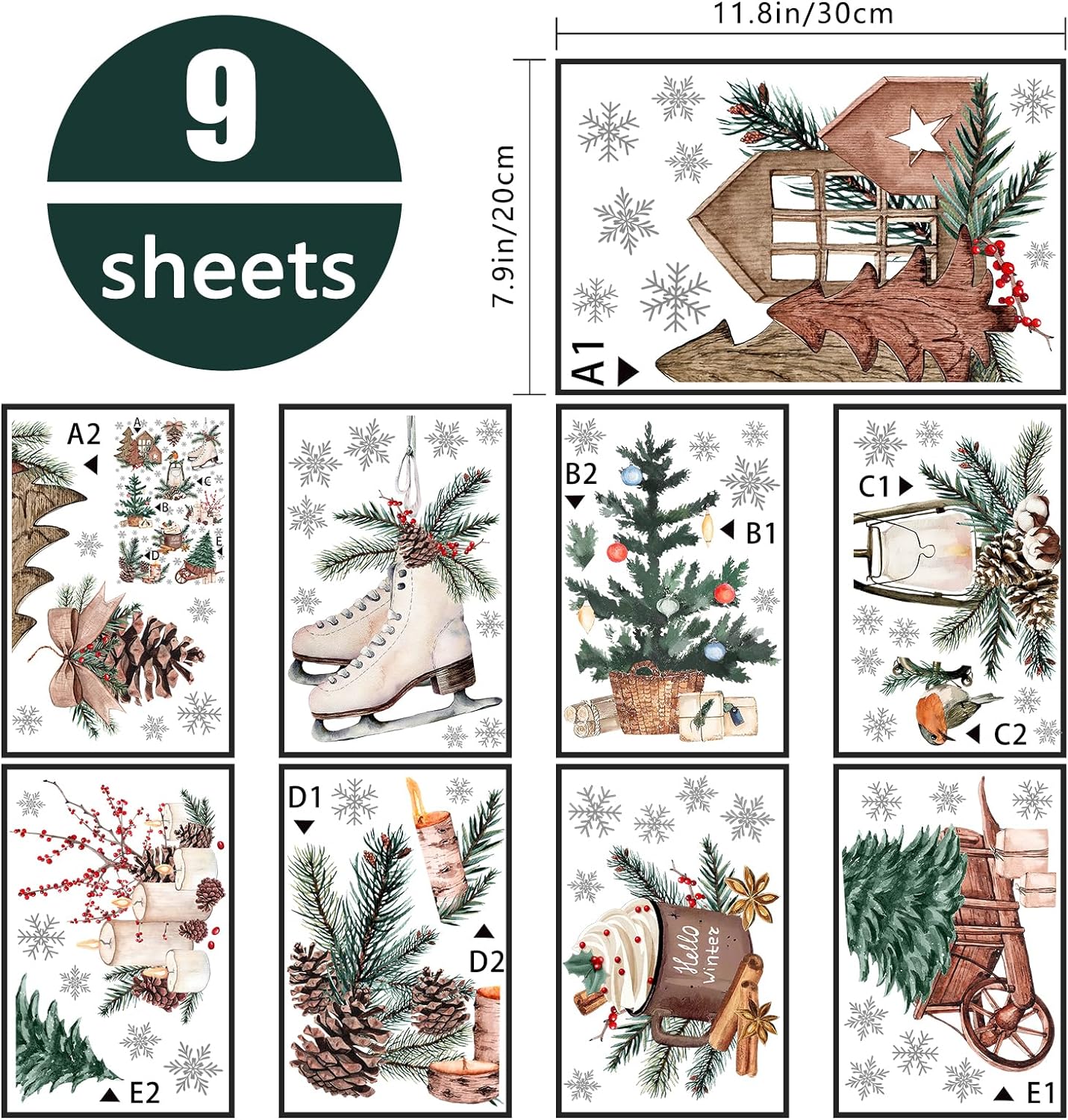 Yovkky 184 PCS Hello Winter Pine Cone Window Clings 9 Sheets, Christmas Tree Snowflakes Hot Cocoa Stickers Decals Decor, Snow Lamp Candle Ice Skates Holiday Home Kitchen Decorations