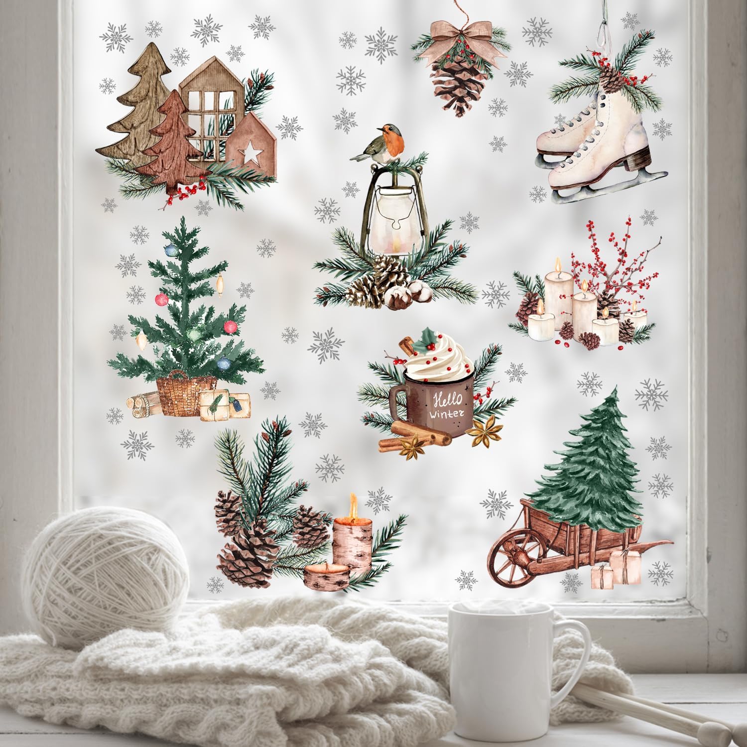 Yovkky 184 PCS Hello Winter Pine Cone Window Clings 9 Sheets, Christmas Tree Snowflakes Hot Cocoa Stickers Decals Decor, Snow Lamp Candle Ice Skates Holiday Home Kitchen Decorations