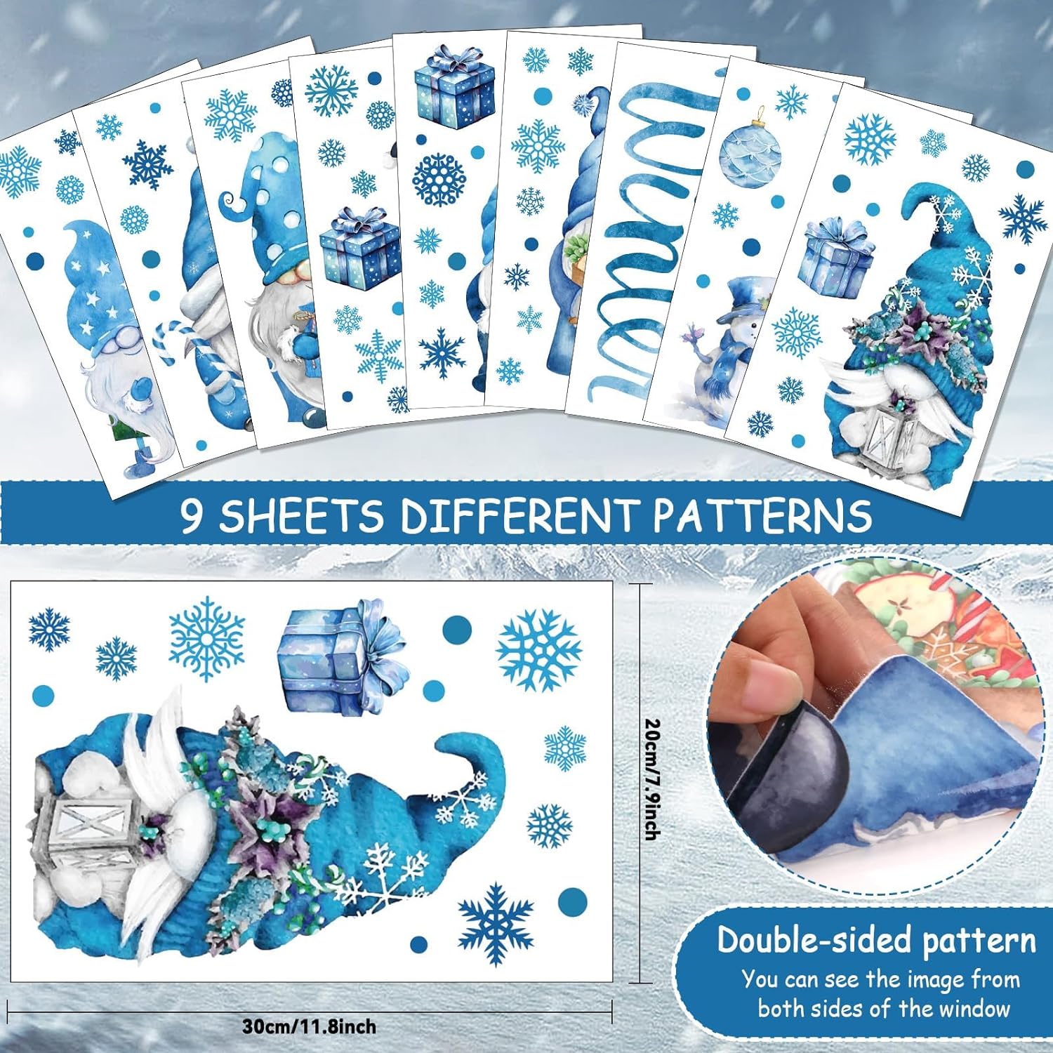 131PCS Hello Winter Gnomes Window Stickers Blue Gnomes Windows Decals Clings Double Printed PVC Stickers Decoration Christmas Gnomes Snowflake Snowman Windows Clings for Winter Holiday Xmas Supplies