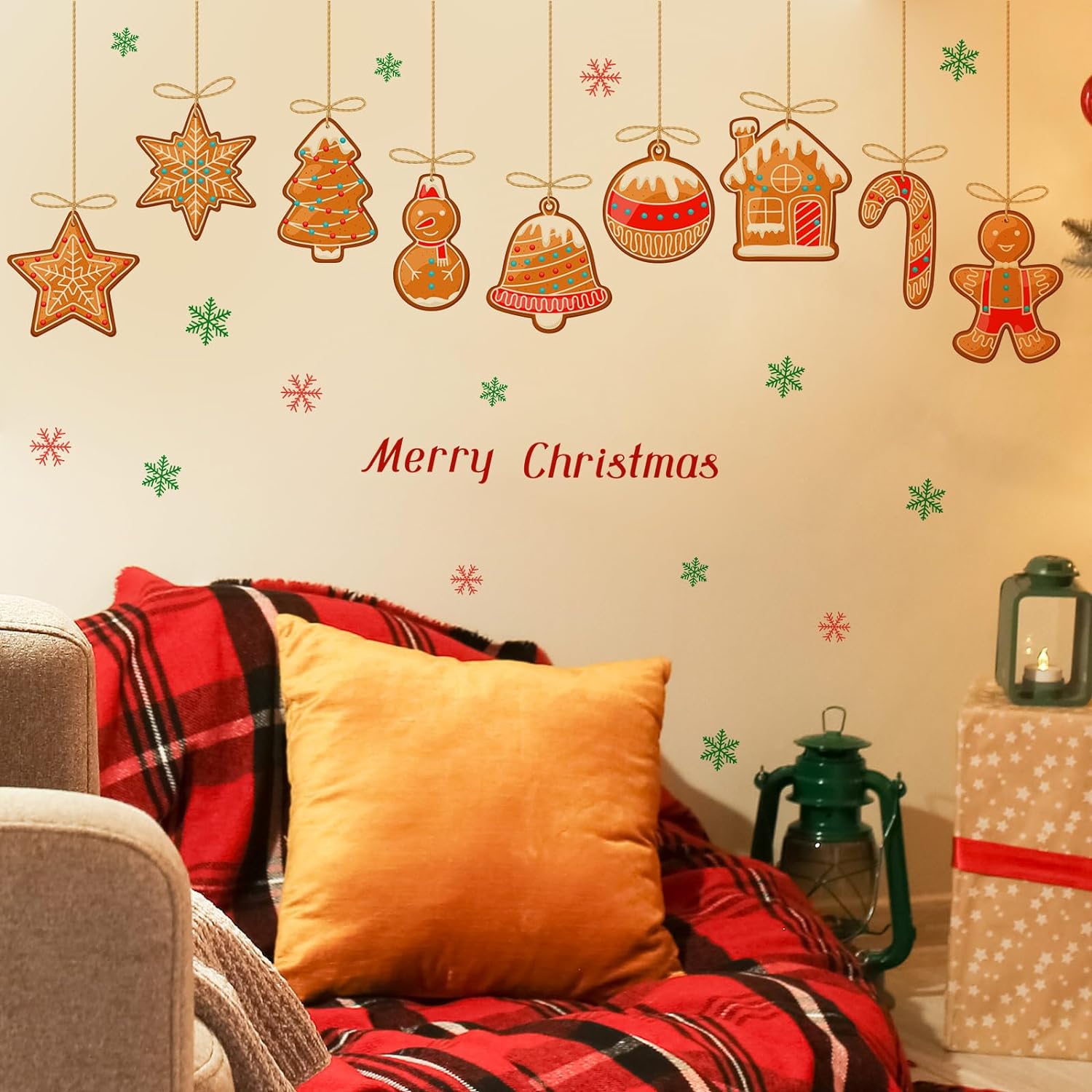 Merry Christmas Wall Decals Peel and Stick Wall Art Gingerbread Candy House Snowflake Wall Stickers Room Door Christmas Party Window Wall Decorations (Golden)