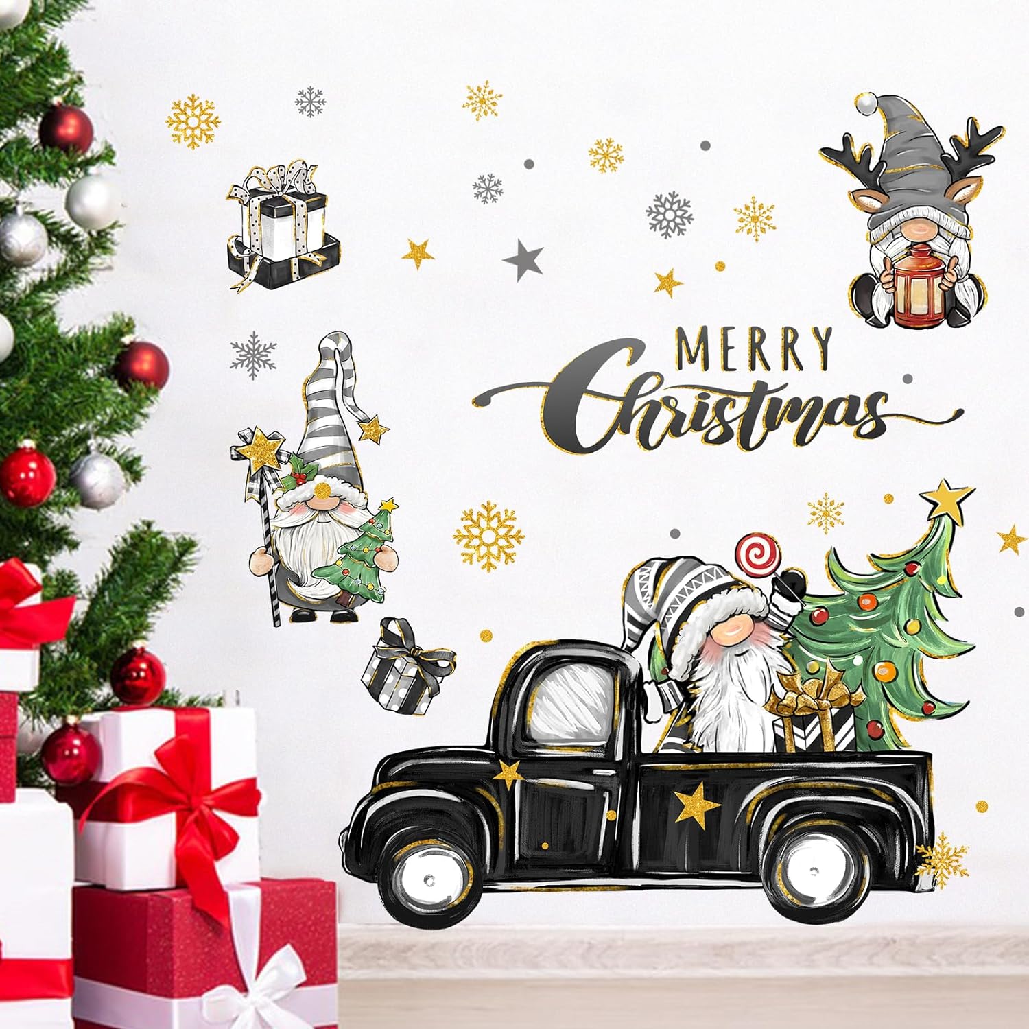 Yovkky Merry Christmas Gnomes Wall Decals Stickers, Christmas Tree 2024 New Year Black Truck Farmhouse Home Bedroom Decor, Xmas Snowflakes Winter Holiday Party Living Room Kitchen Decorations Art