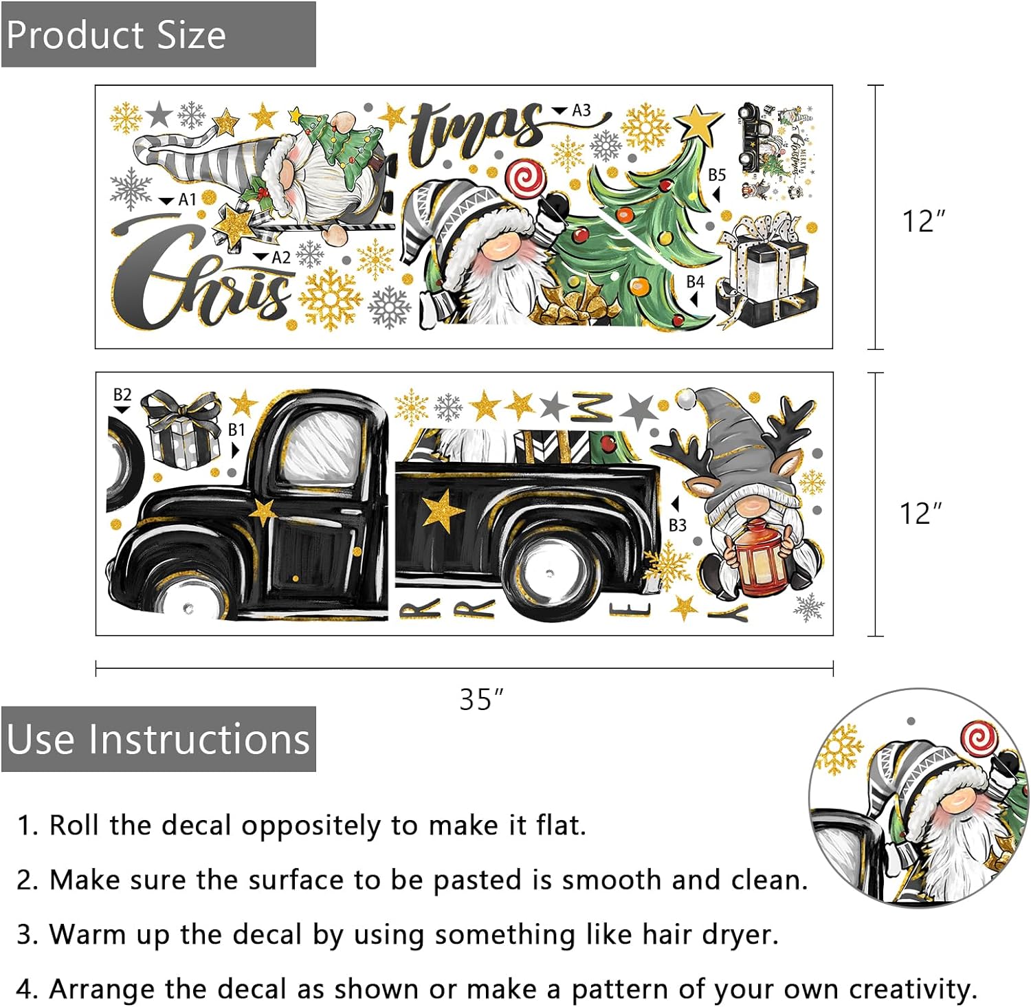 Yovkky Merry Christmas Gnomes Wall Decals Stickers, Christmas Tree 2024 New Year Black Truck Farmhouse Home Bedroom Decor, Xmas Snowflakes Winter Holiday Party Living Room Kitchen Decorations Art