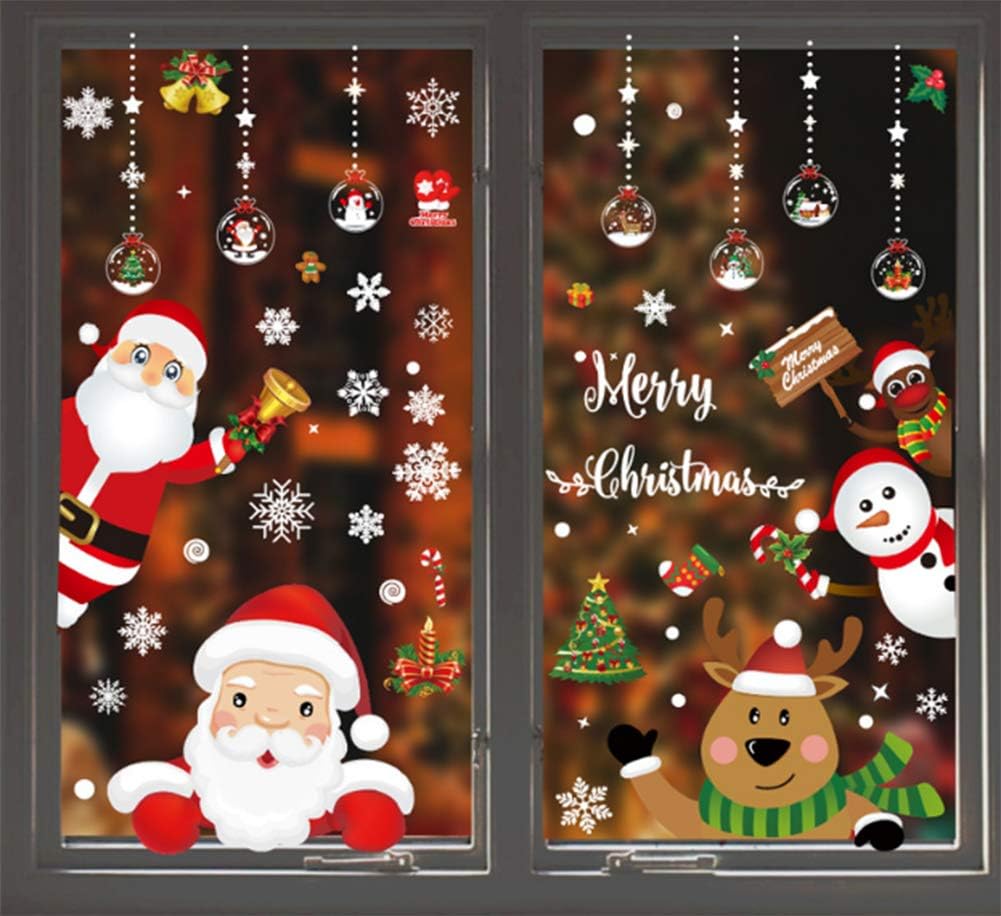 MEISEN 161 PCS 8 Sheets Christmas Snowflake Window Cling Stickers for Glass, Xmas Decals Decorations Holiday Snowflake Santa Claus Reindeer Decals for Party