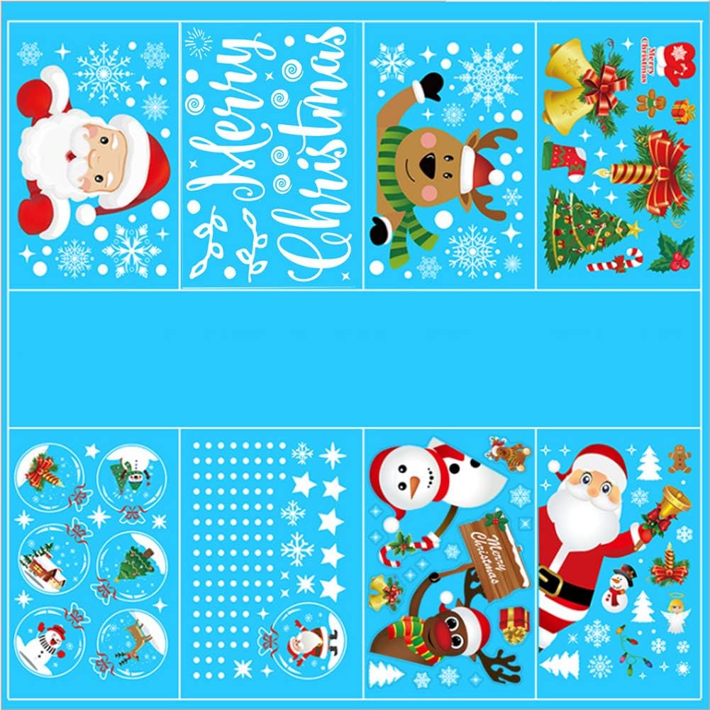 MEISEN 161 PCS 8 Sheets Christmas Snowflake Window Cling Stickers for Glass, Xmas Decals Decorations Holiday Snowflake Santa Claus Reindeer Decals for Party