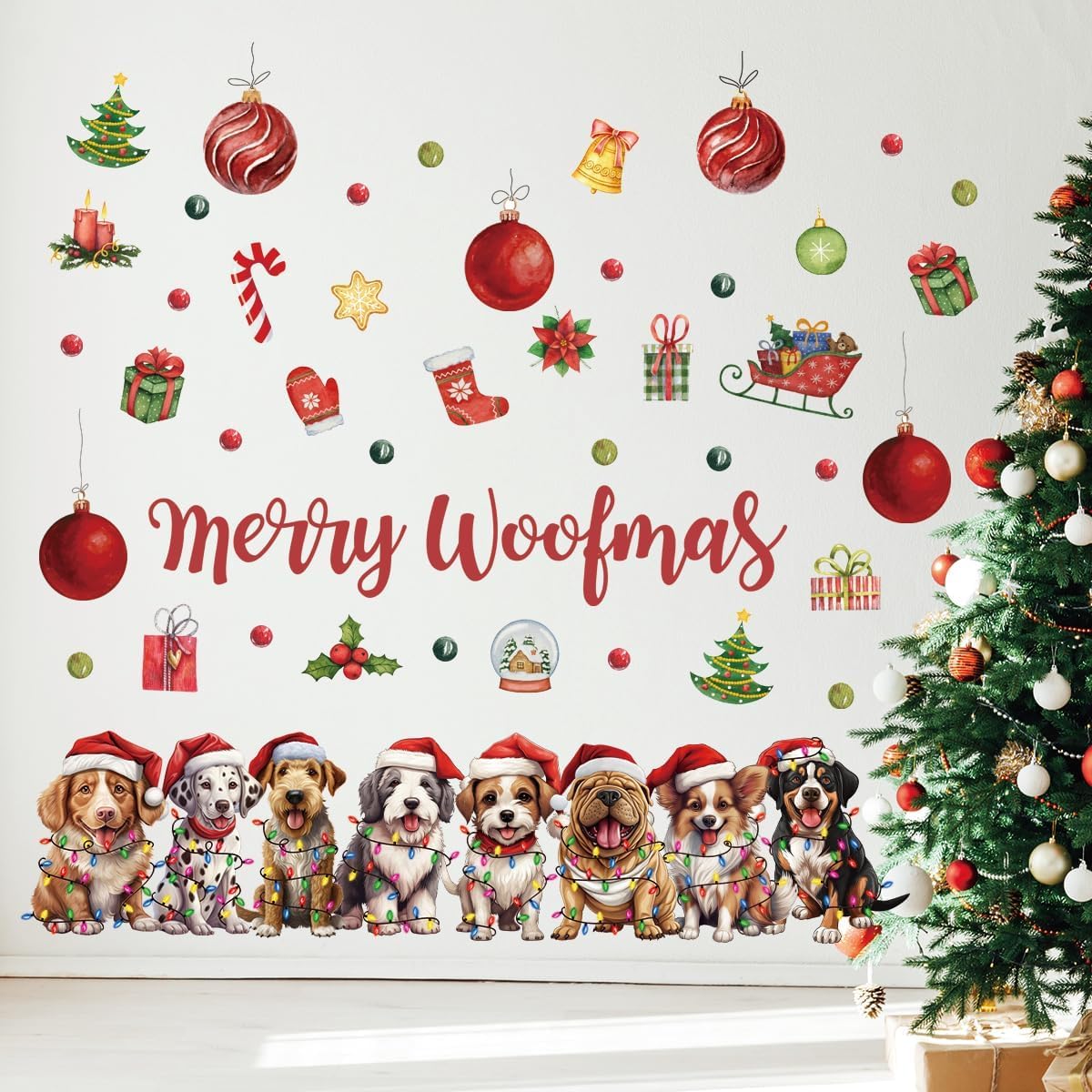 Christmas Dog Wall Decal - Waterproof, Removable Christmas Decor for Winter Holiday Party Supplies, Home Window Decor