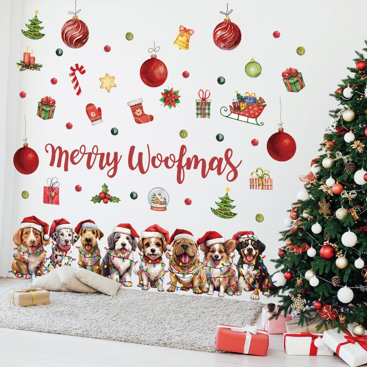 Christmas Dog Wall Decal - Waterproof, Removable Christmas Decor for Winter Holiday Party Supplies, Home Window Decor