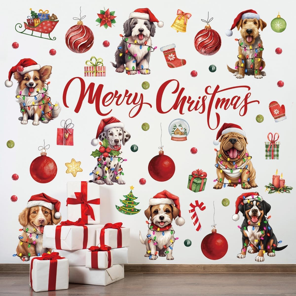 Christmas Dog Wall Decal - Waterproof, Removable Christmas Decor for Winter Holiday Party Supplies, Home Window Decor