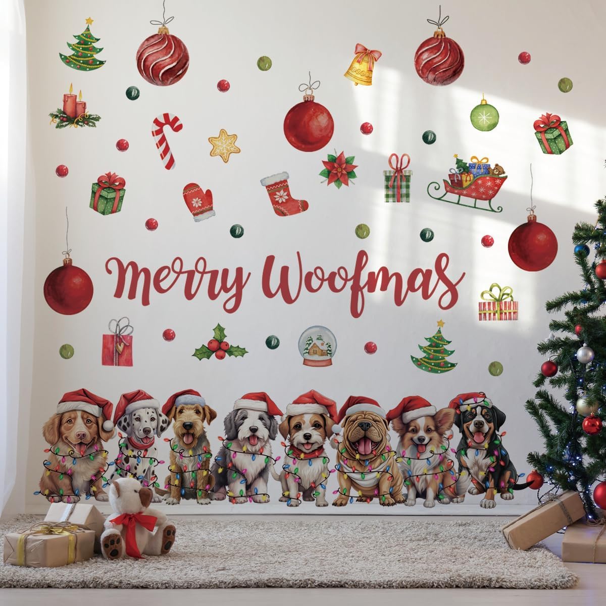 Christmas Dog Wall Decal - Waterproof, Removable Christmas Decor for Winter Holiday Party Supplies, Home Window Decor