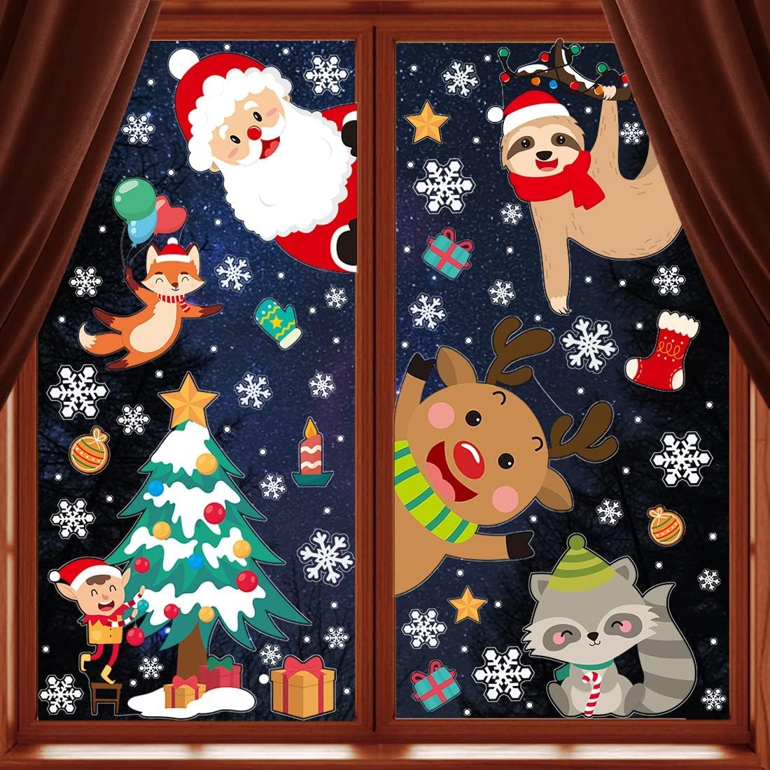 Christmas Window Clings Decoration, 8 Sheets Xmas Window Stickers Santa Claus Reindeer Snowflakes Decal Decorations Double Sided for Christmas Party Display