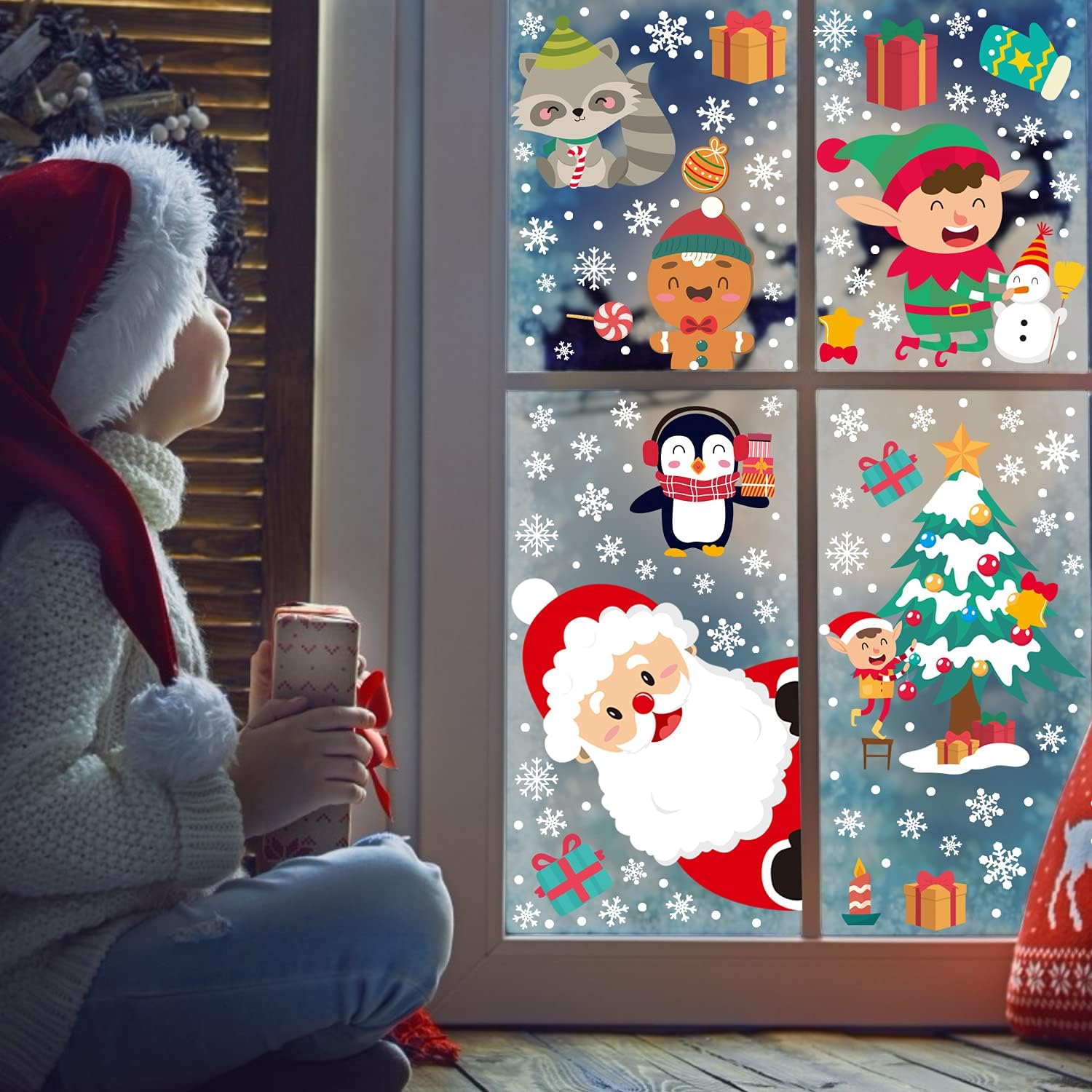 Christmas Window Clings Decoration, 8 Sheets Xmas Window Stickers Santa Claus Reindeer Snowflakes Decal Decorations Double Sided for Christmas Party Display