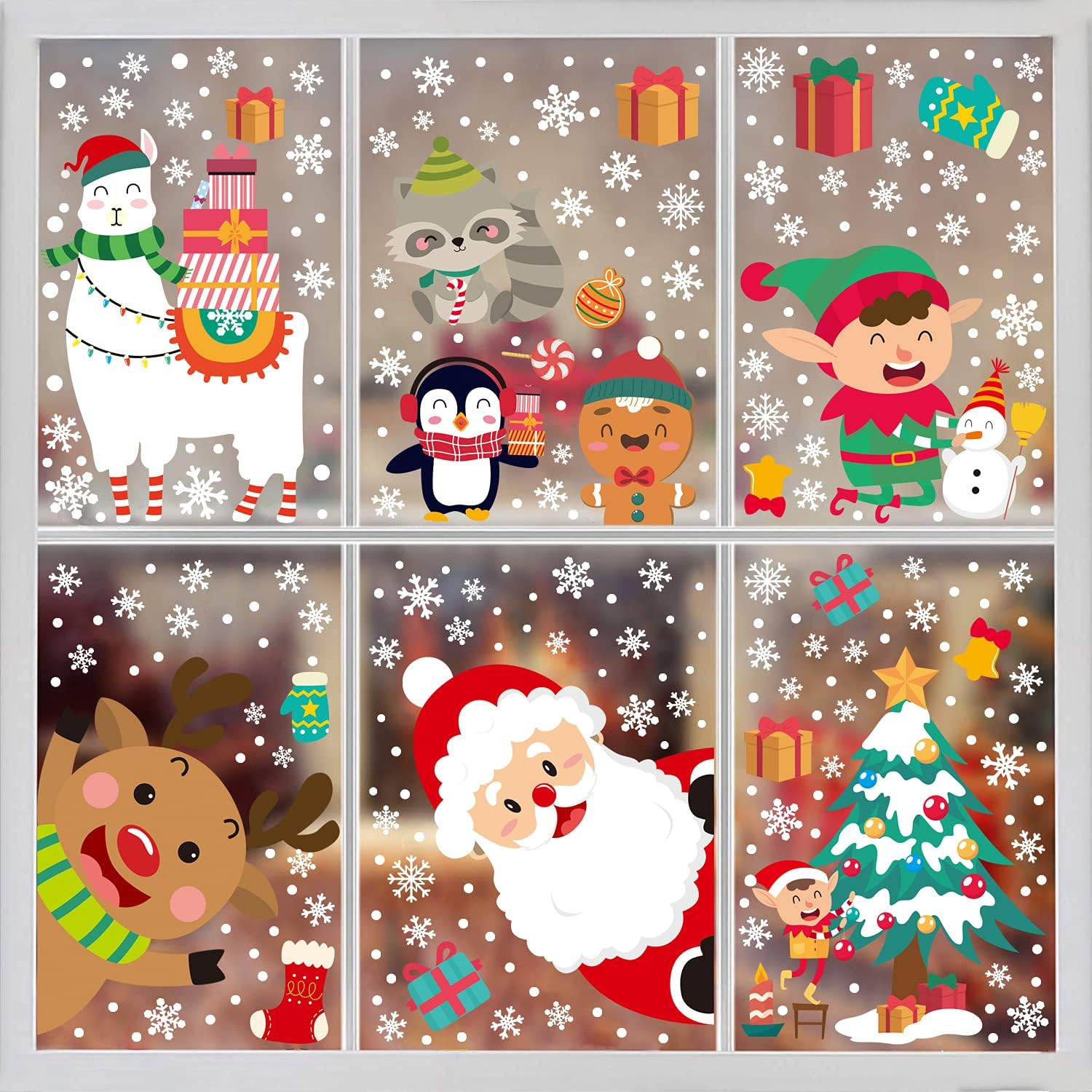 Christmas Window Clings Decoration, 8 Sheets Xmas Window Stickers Santa Claus Reindeer Snowflakes Decal Decorations Double Sided for Christmas Party Display