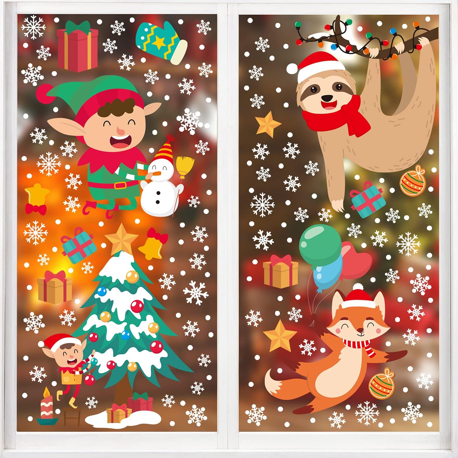 Christmas Window Clings Decoration, 8 Sheets Xmas Window Stickers Santa Claus Reindeer Snowflakes Decal Decorations Double Sided for Christmas Party Display