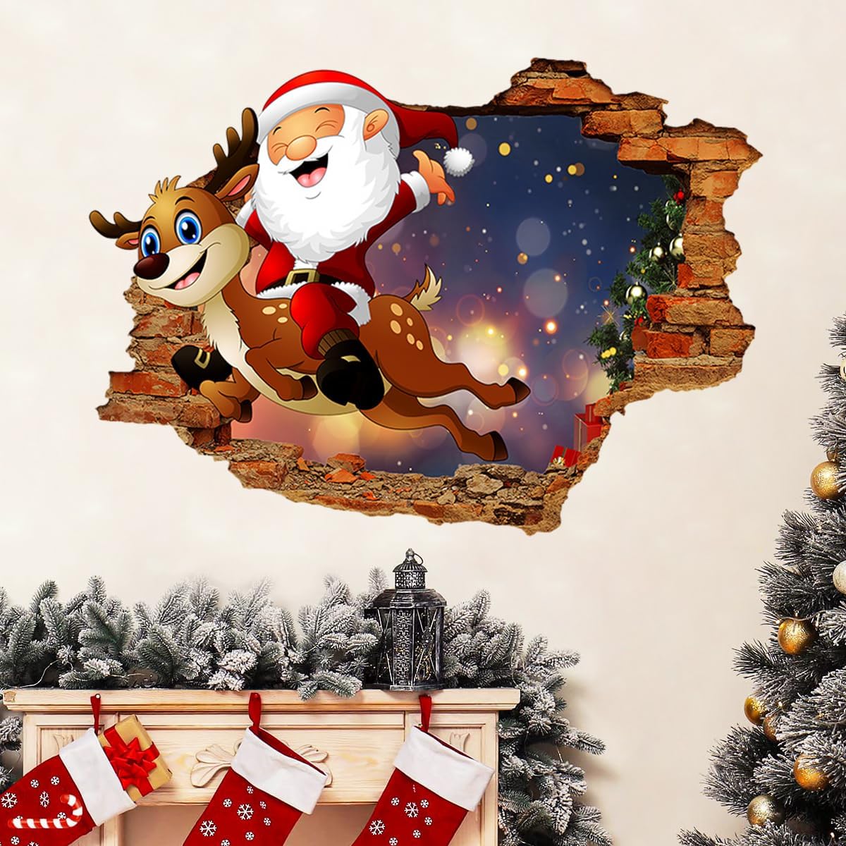 3D Christmas Wall Decals, Santa Claus Reindeer Christmas Wall Stickers Removable, Christmas Holiday Wall Clings Decals Merry Christmas Winter Wall Decals, Christmas Wall Decor Stickers for Wall