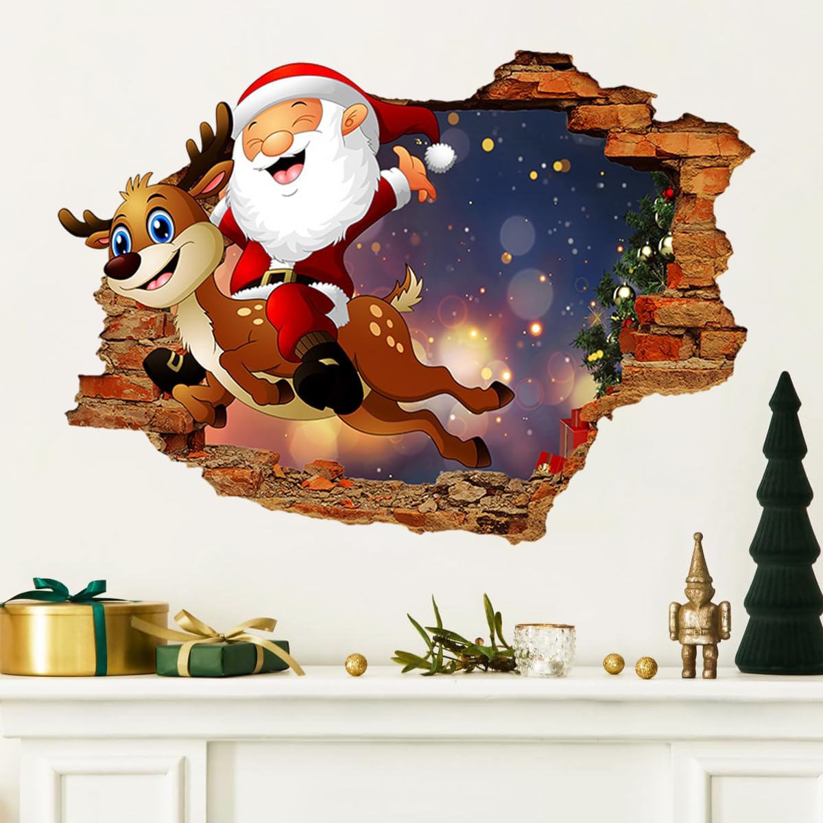 3D Christmas Wall Decals, Santa Claus Reindeer Christmas Wall Stickers Removable, Christmas Holiday Wall Clings Decals Merry Christmas Winter Wall Decals, Christmas Wall Decor Stickers for Wall
