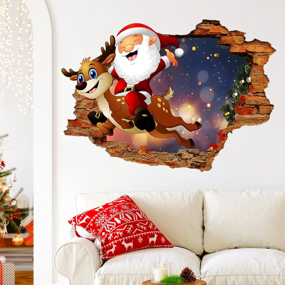 3D Christmas Wall Decals, Santa Claus Reindeer Christmas Wall Stickers Removable, Christmas Holiday Wall Clings Decals Merry Christmas Winter Wall Decals, Christmas Wall Decor Stickers for Wall