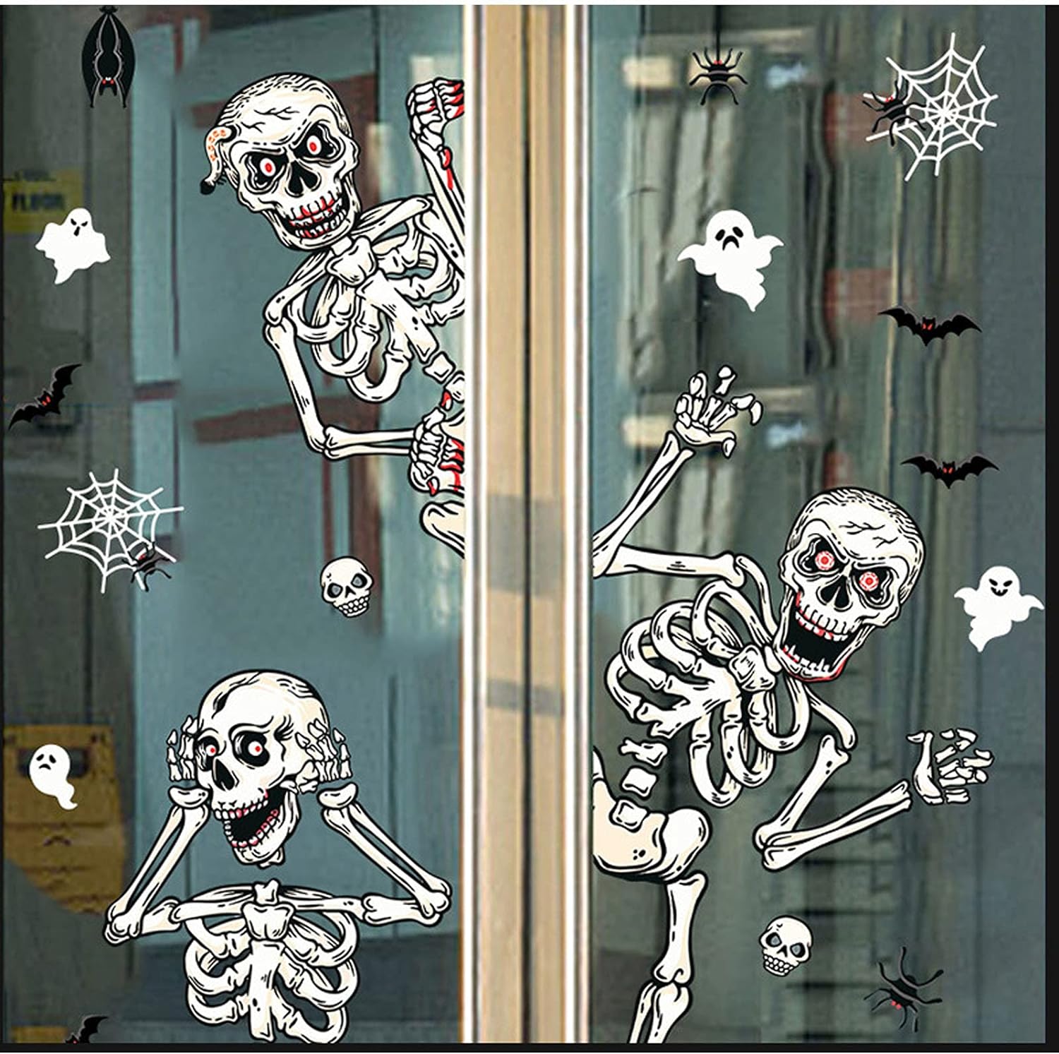 Halloween Skeletons Window Clings 4 Sheets Removable Skull Window Stickers Decals for Day of The Dead Fall Haunted House Party Glass Decoration Supplies