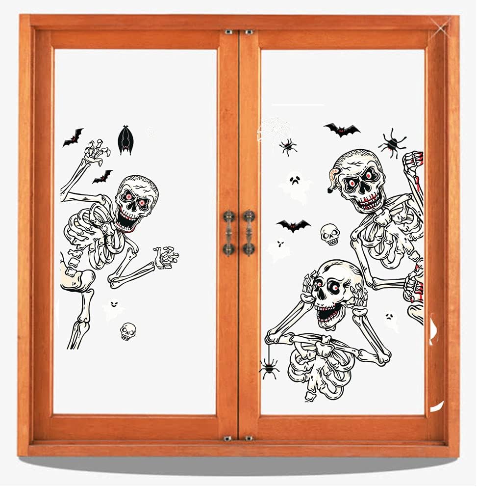 Halloween Skeletons Window Clings 4 Sheets Removable Skull Window Stickers Decals for Day of The Dead Fall Haunted House Party Glass Decoration Supplies