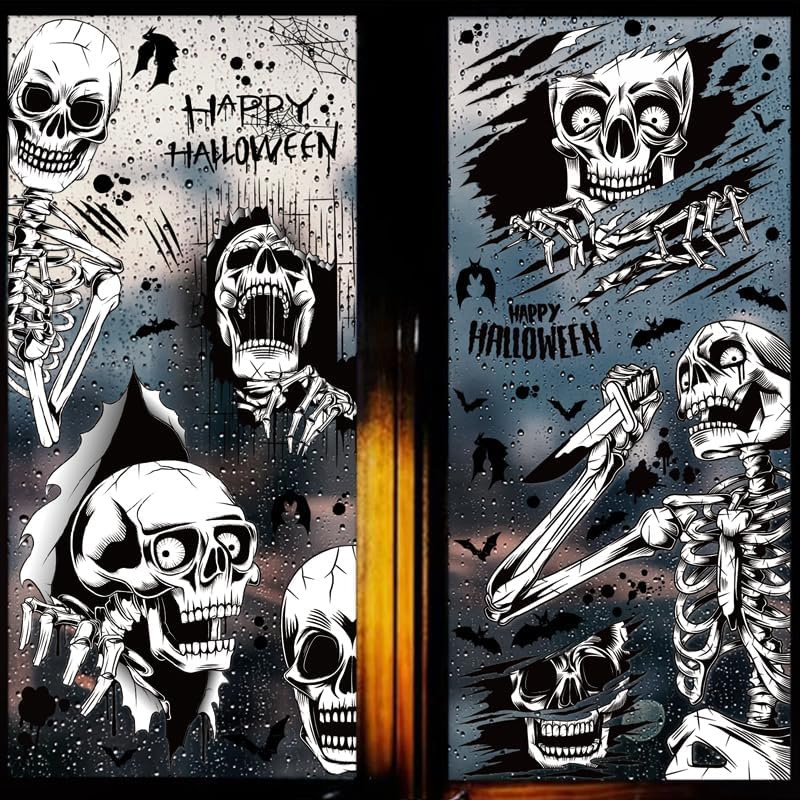Halloween Skull Window Clings Decals PVC Material, Removable, for Smooth Surfaces - Halloween Party Supplies