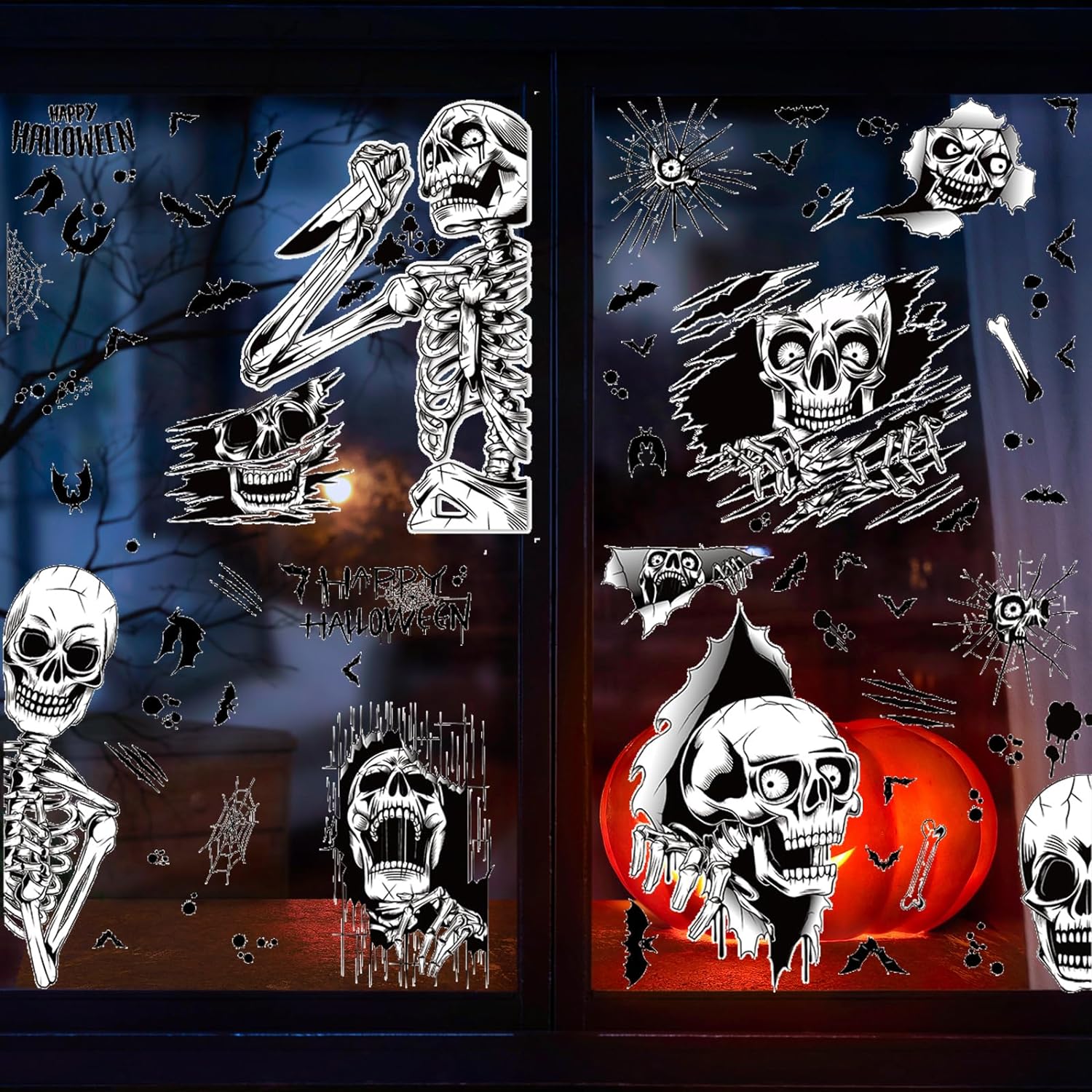 Halloween Skull Window Clings Decals PVC Material, Removable, for Smooth Surfaces - Halloween Party Supplies