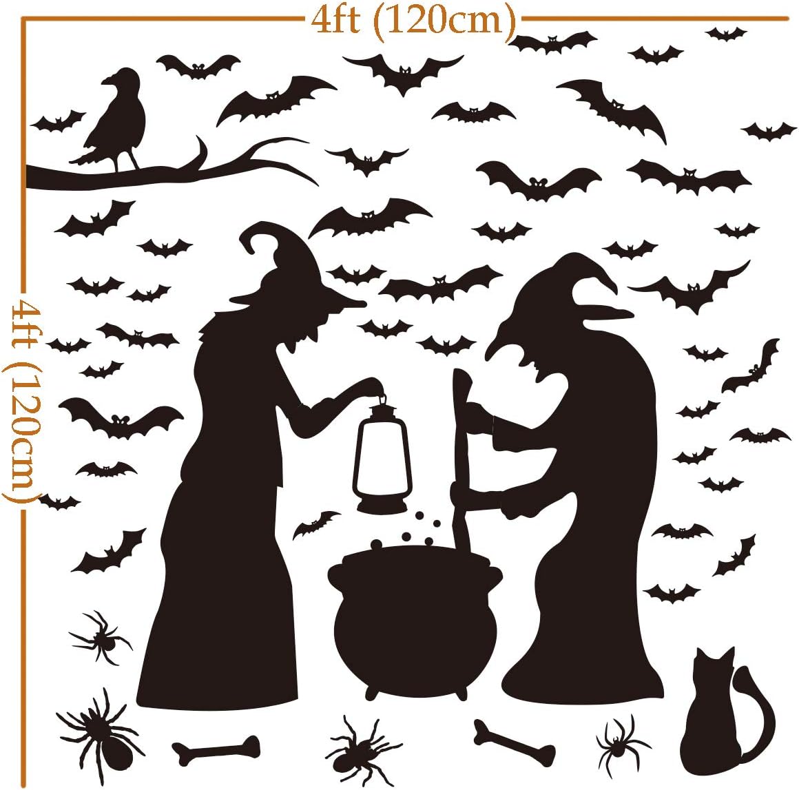 Ivenf Halloween Party Supplies Decorations Wall Decal Window Decor 2 Witches with Bats Spider Mouse & Crow