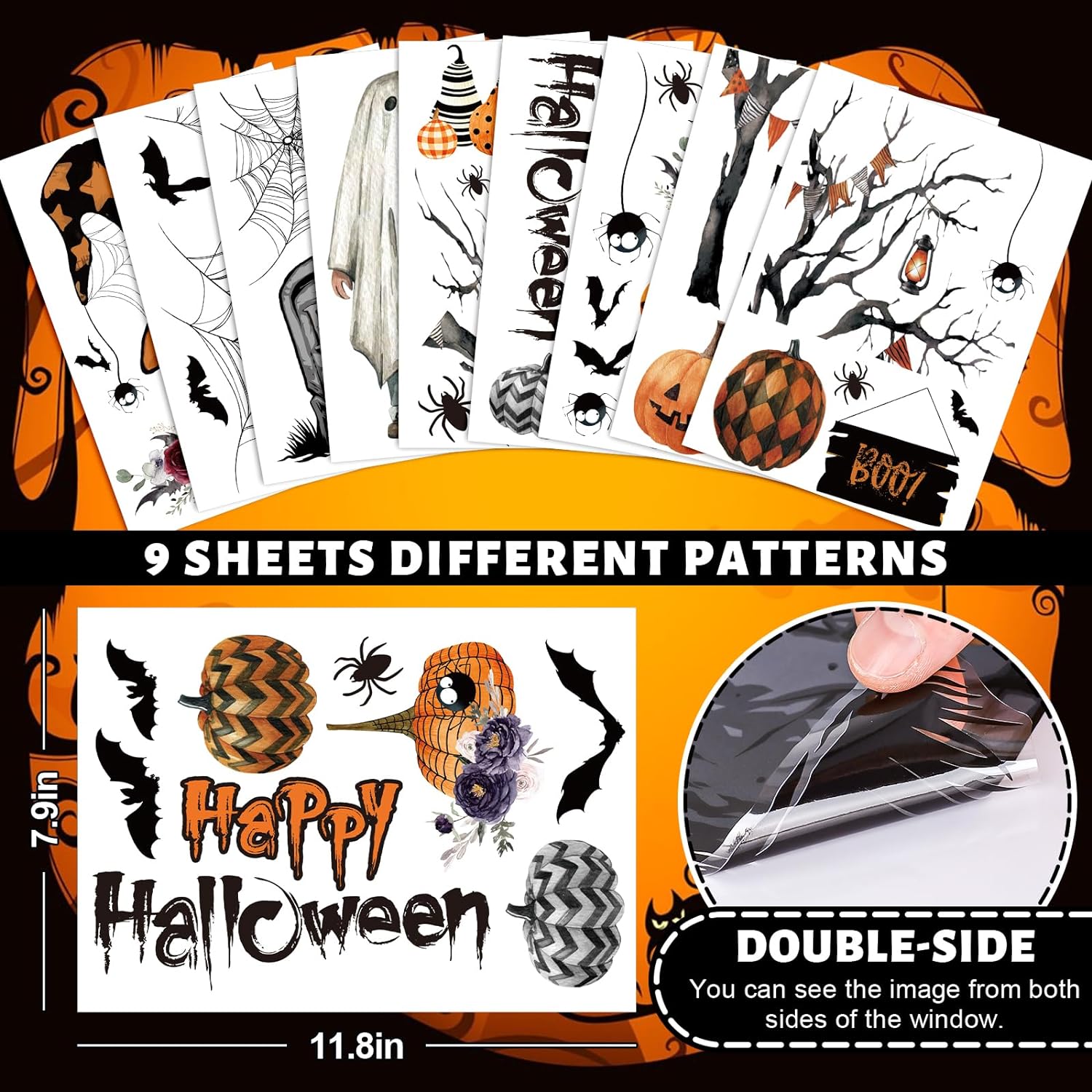 AnyDesign 9 Sheet Halloween Window Stickers Watercolor Cartoon Pumpkin Pet Ghost Bat Pattern Window Decals PVC Decorative Clings for Halloween Party Home Office Window Glass Mirror Decoration