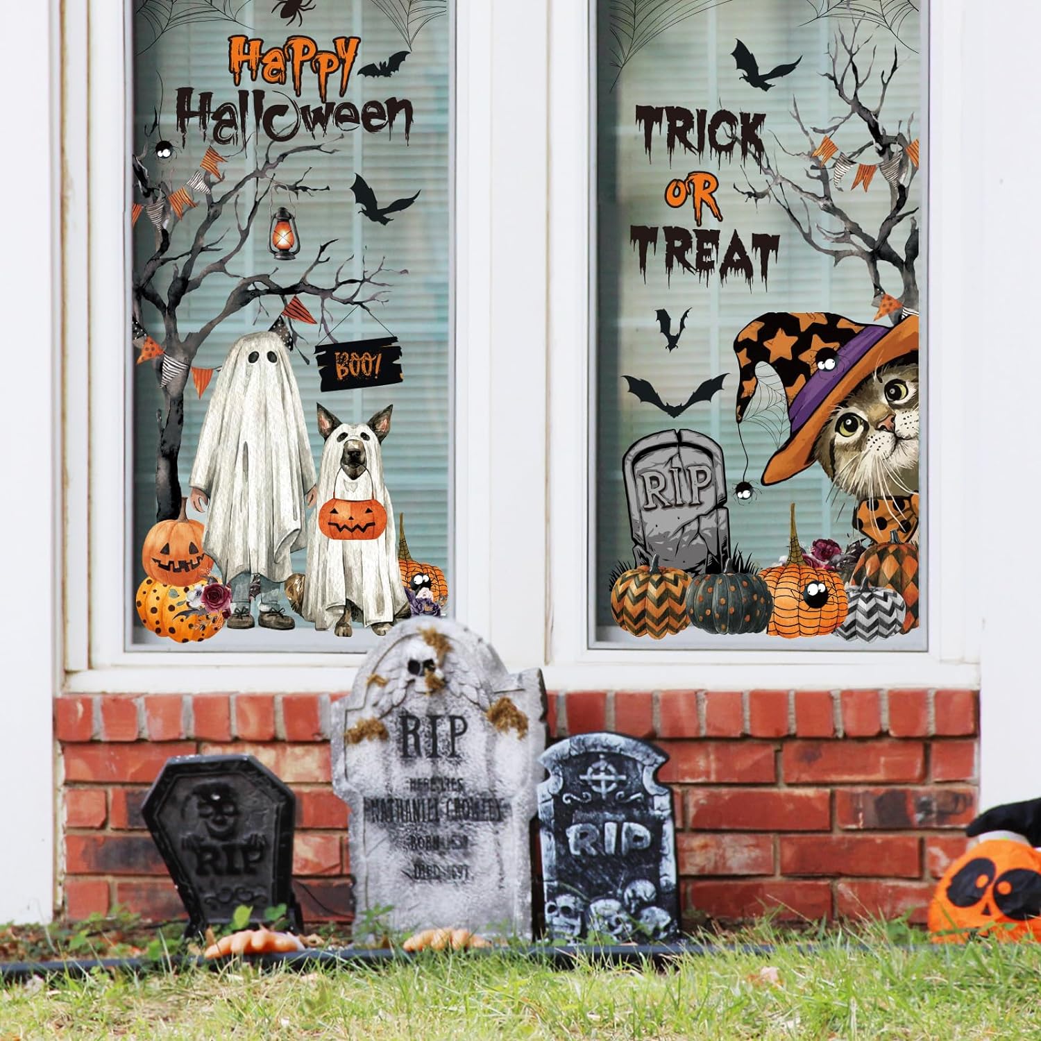 AnyDesign 9 Sheet Halloween Window Stickers Watercolor Cartoon Pumpkin Pet Ghost Bat Pattern Window Decals PVC Decorative Clings for Halloween Party Home Office Window Glass Mirror Decoration