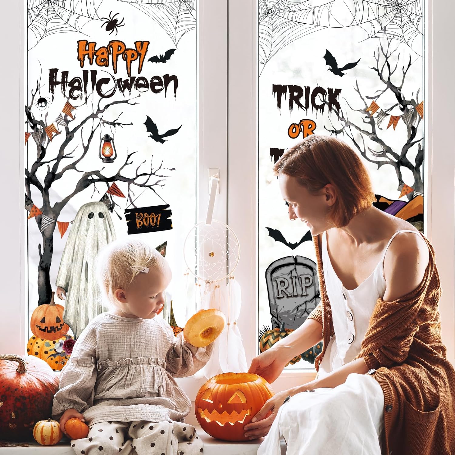 AnyDesign 9 Sheet Halloween Window Stickers Watercolor Cartoon Pumpkin Pet Ghost Bat Pattern Window Decals PVC Decorative Clings for Halloween Party Home Office Window Glass Mirror Decoration