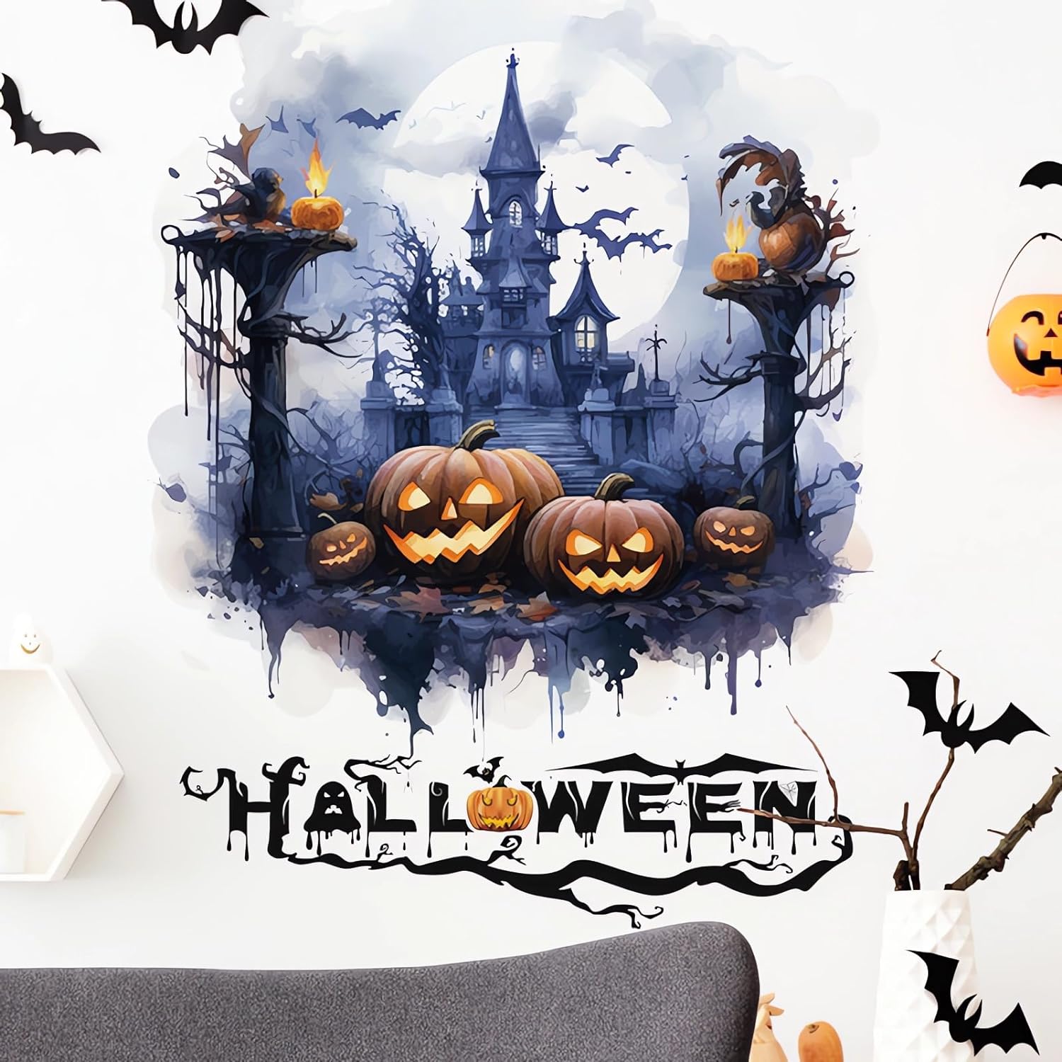 Halloween Pumpkin Monster Spooky Castle Wall Stickers, sacinora Ghost Horror Art Wall Decals Removable Vinyl Peel and Stick for Halloween Party Toilets Door Living Room Bedroom Kitchen Decorations