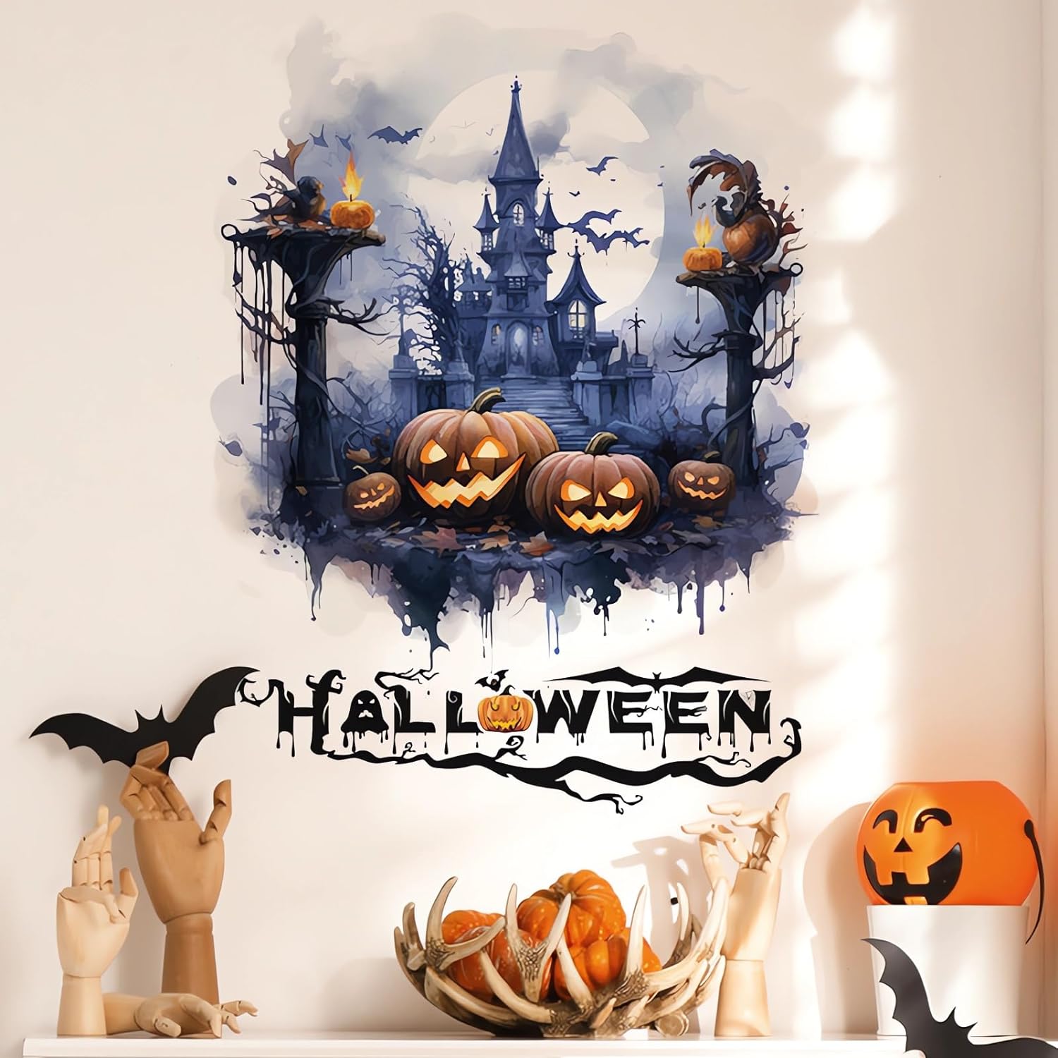 Halloween Pumpkin Monster Spooky Castle Wall Stickers, sacinora Ghost Horror Art Wall Decals Removable Vinyl Peel and Stick for Halloween Party Toilets Door Living Room Bedroom Kitchen Decorations
