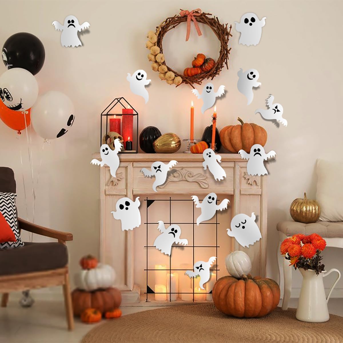 Halloween Wall Stickers 21Pcs Ghost Wall Decals White Ghost Design Halloween Decorations Ghost Wall Decals for Home Bedroom Living Room Bathroom Home School Office Halloween Party Supplies