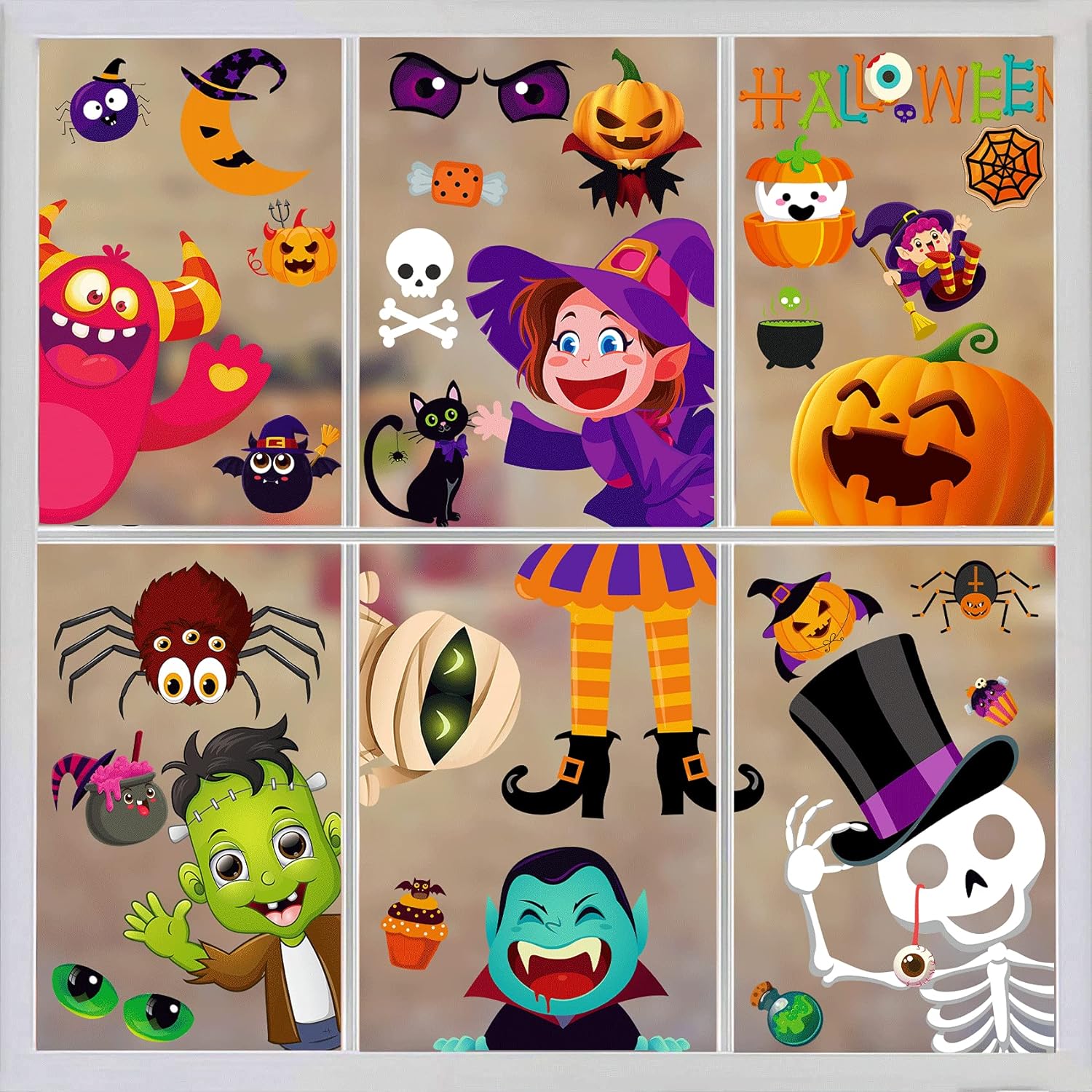 Halloween Window Clings for Kids Halloween Gel Window Clings Double Sided 10 Sheets Halloween Window Clings for Glass Windows Cute Halloween Window Clings Large for Window