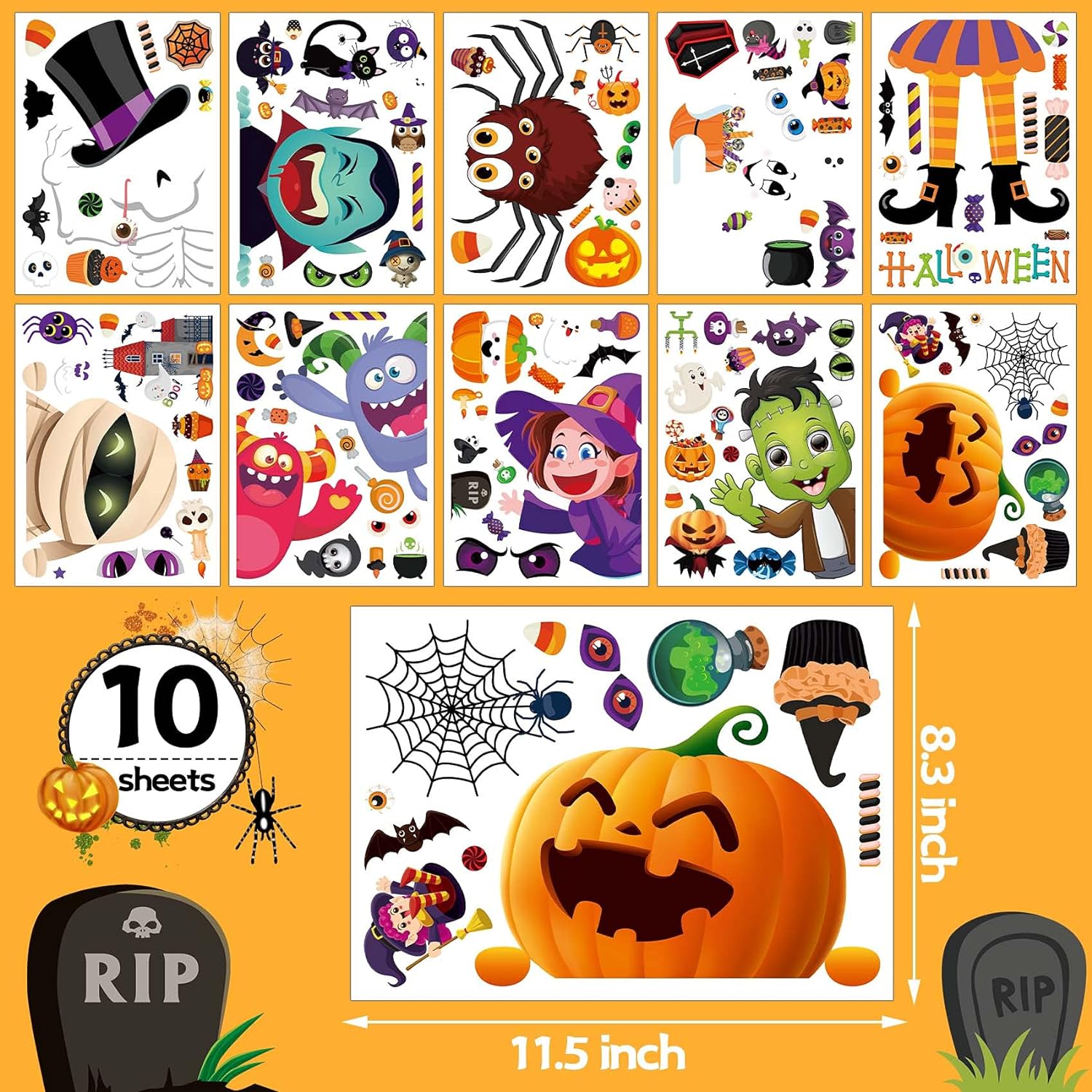 Halloween Window Clings for Kids Halloween Gel Window Clings Double Sided 10 Sheets Halloween Window Clings for Glass Windows Cute Halloween Window Clings Large for Window